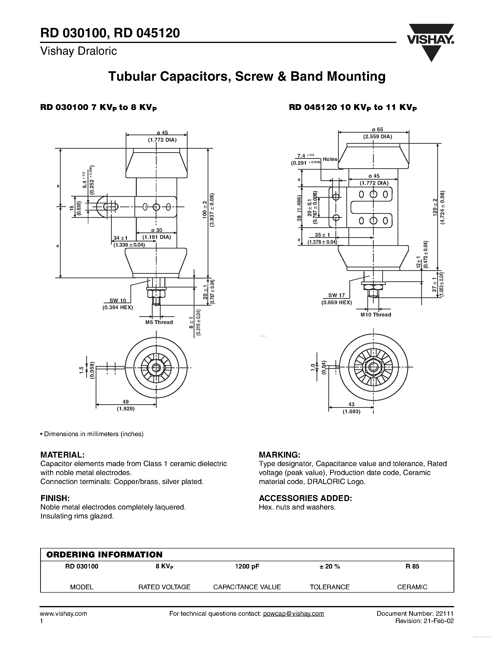 Datasheet RD030100 - Tubular Capacitors page 1
