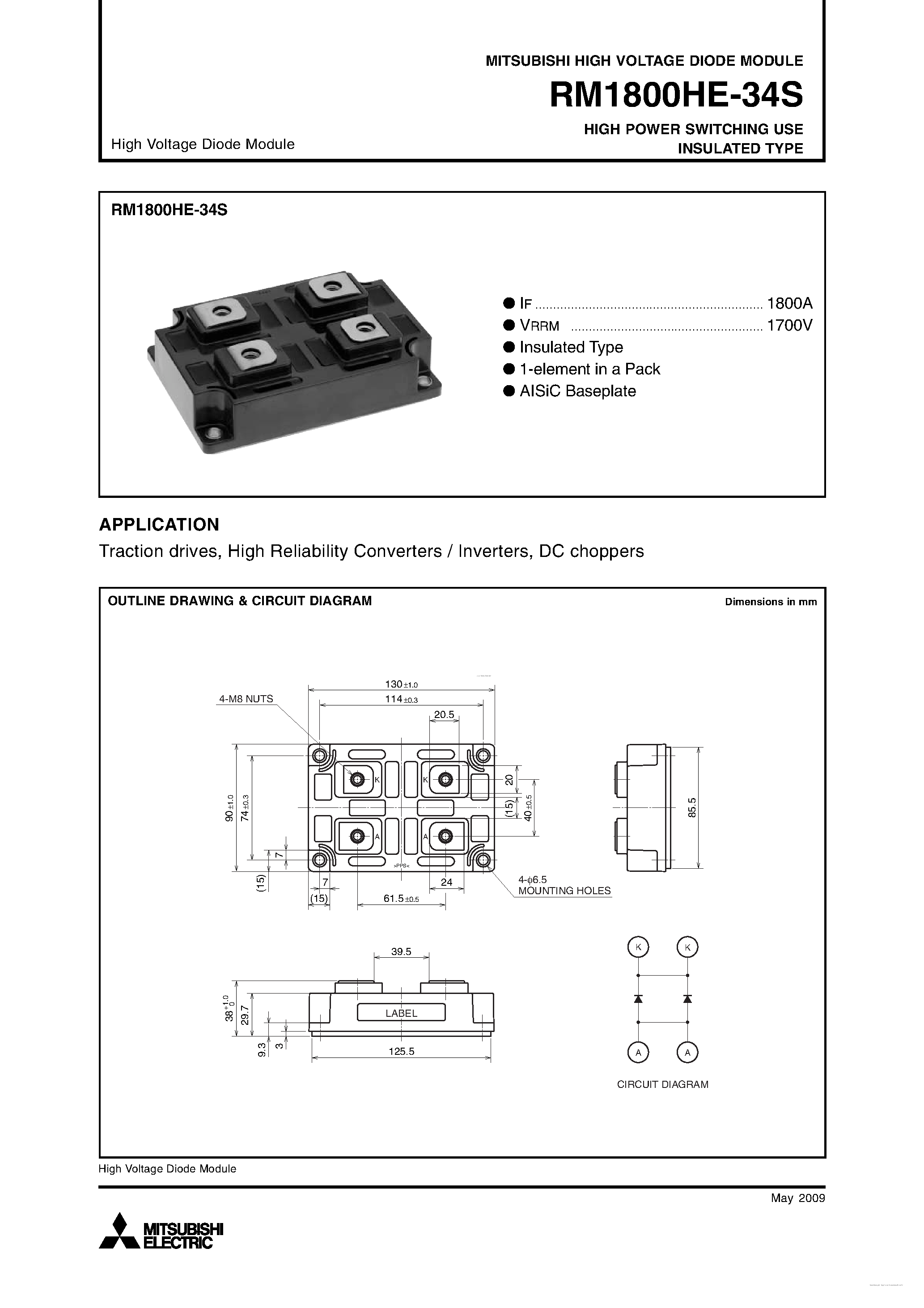 Datasheet RM1800HE-34S page 1 Datasheet RM1800HE-34S - HIGH POWER SWITCHING USE page 1