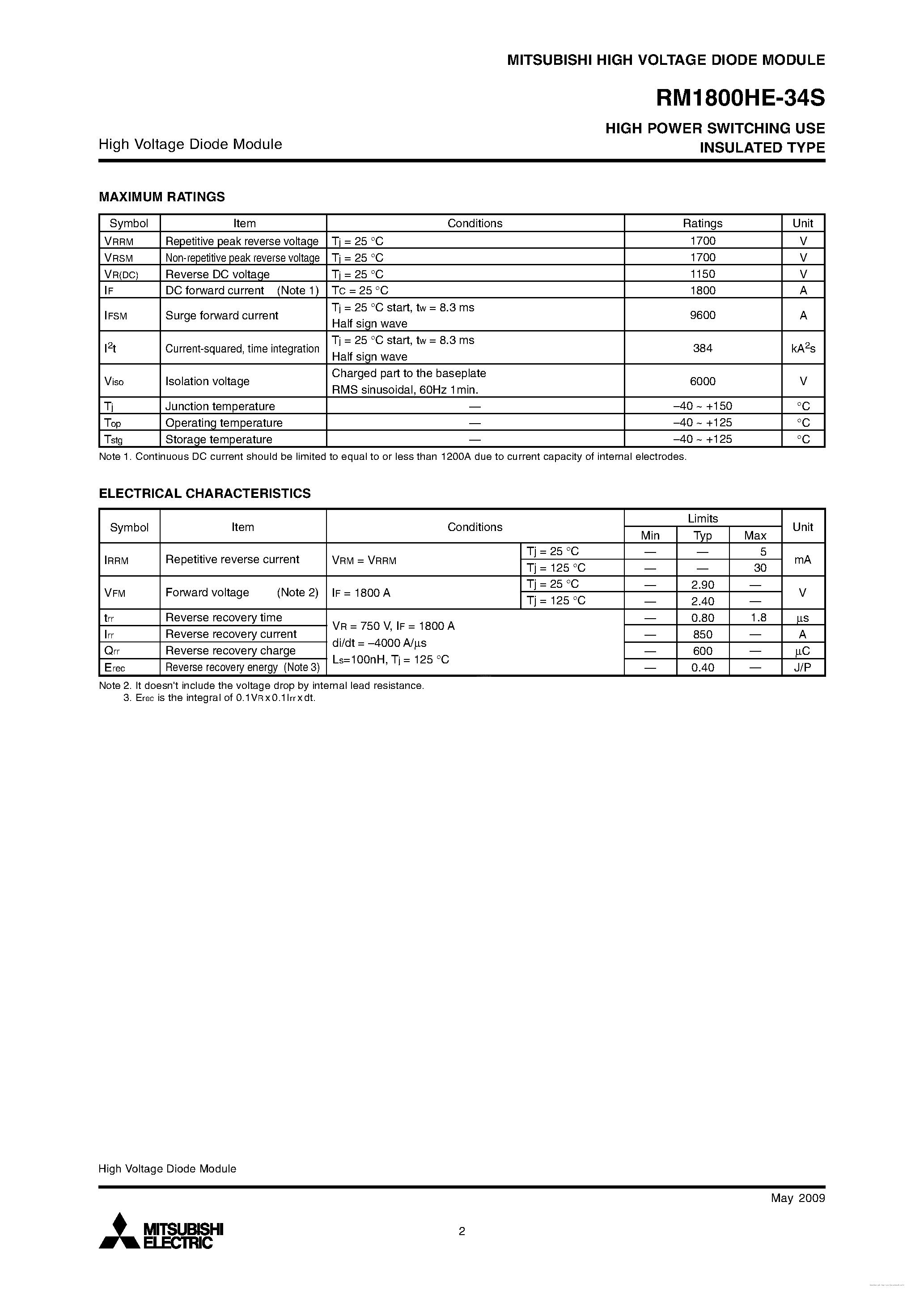 Datasheet RM1800HE-34S page 2 Datasheet RM1800HE-34S - HIGH POWER SWITCHING USE page 2