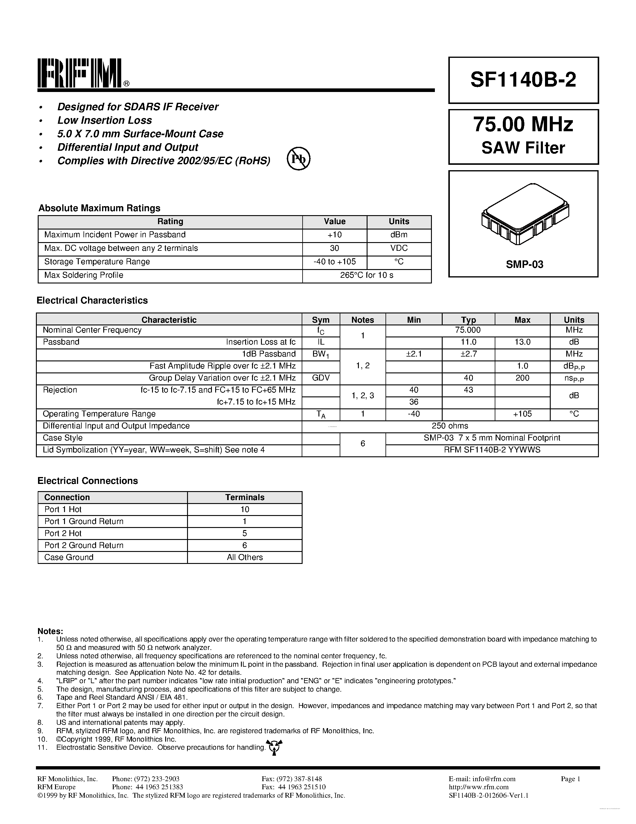 Datasheet SF1140B-2 - SAW Filter page 1