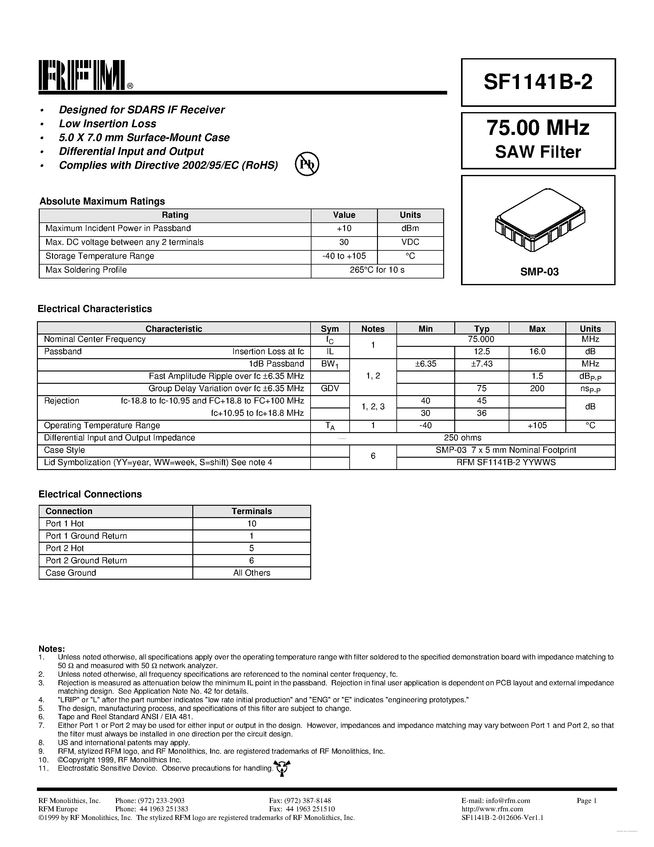 Datasheet SF1141B-2 - SAW Filter page 1
