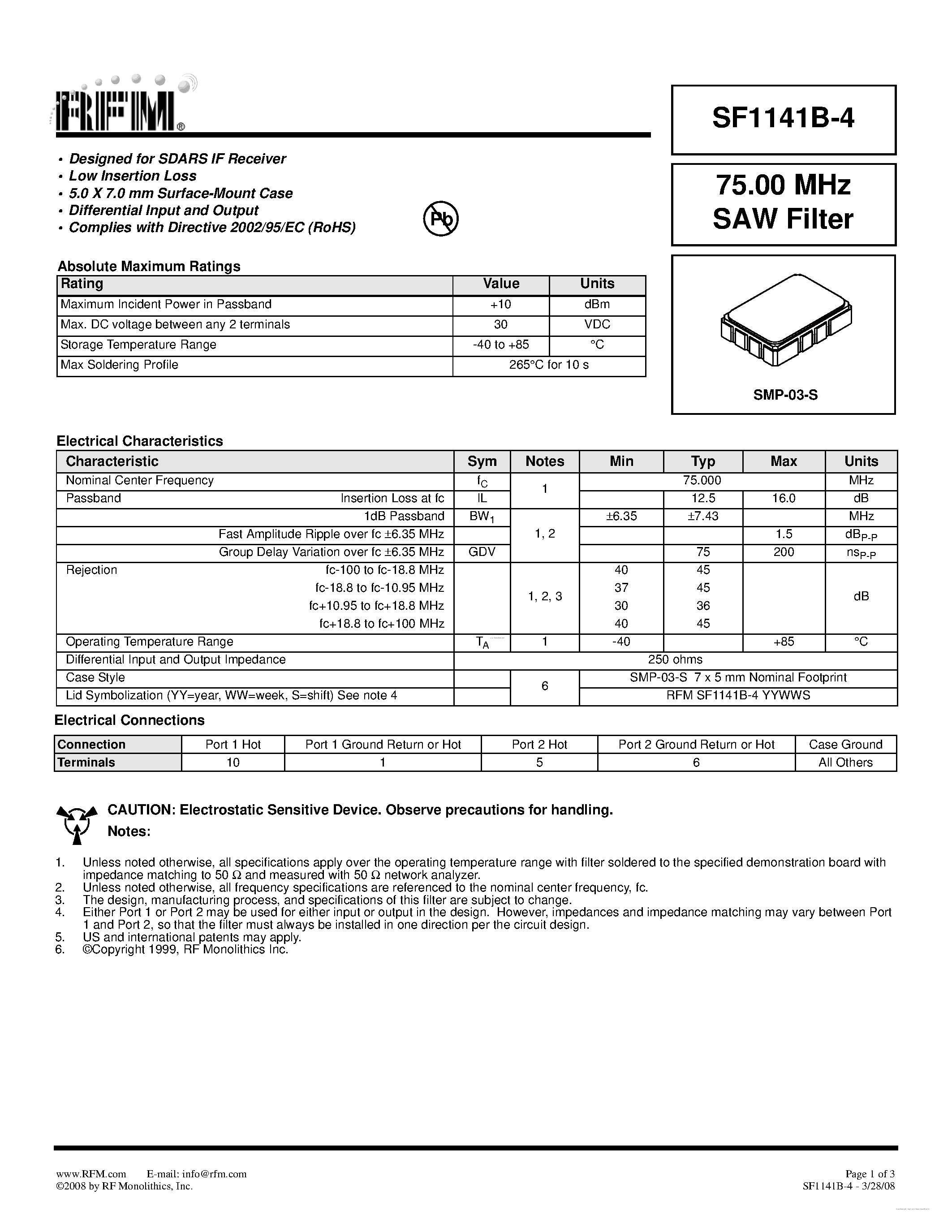Datasheet SF1141B-4 - SAW Filter page 1