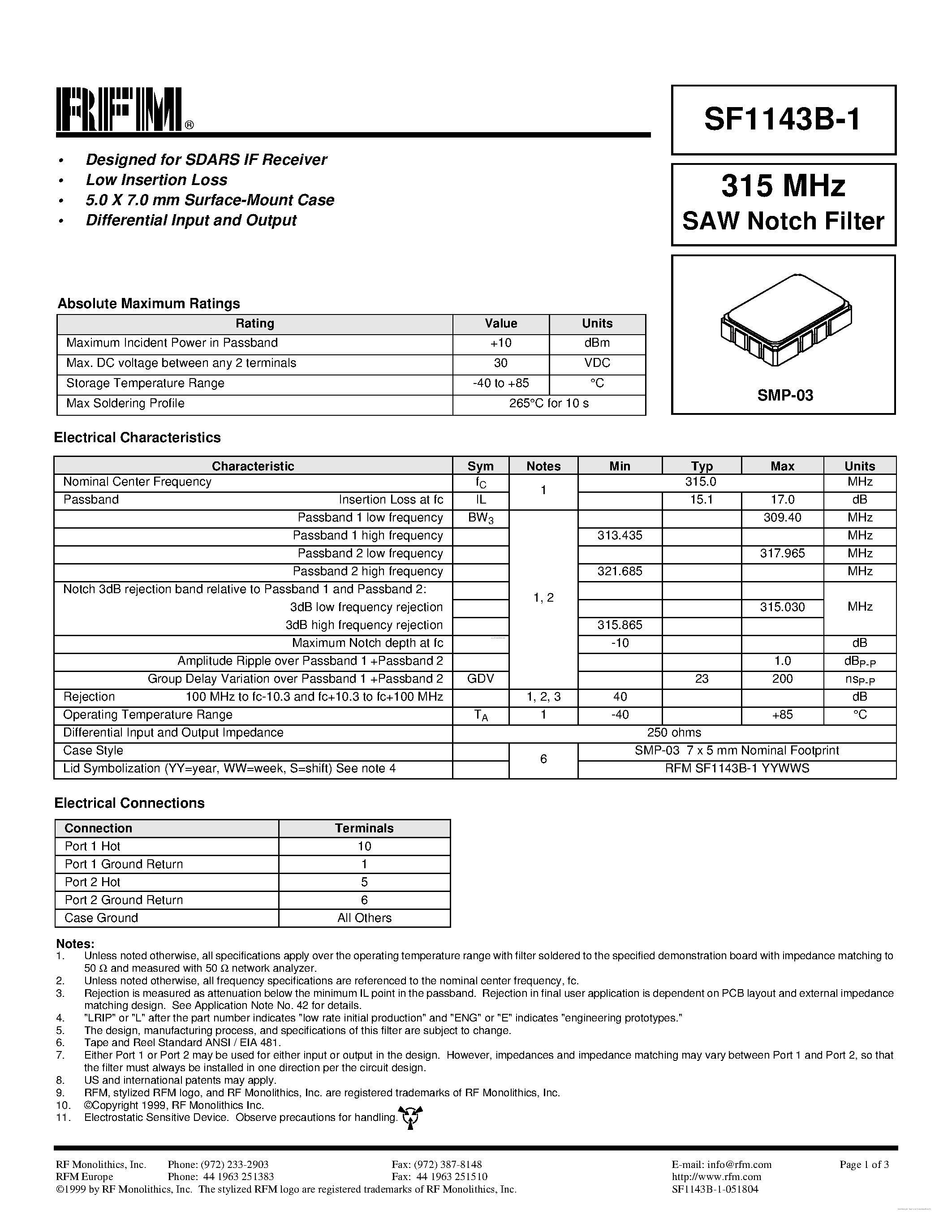 Даташит SF1143B-1 - SAW Filter страница 1