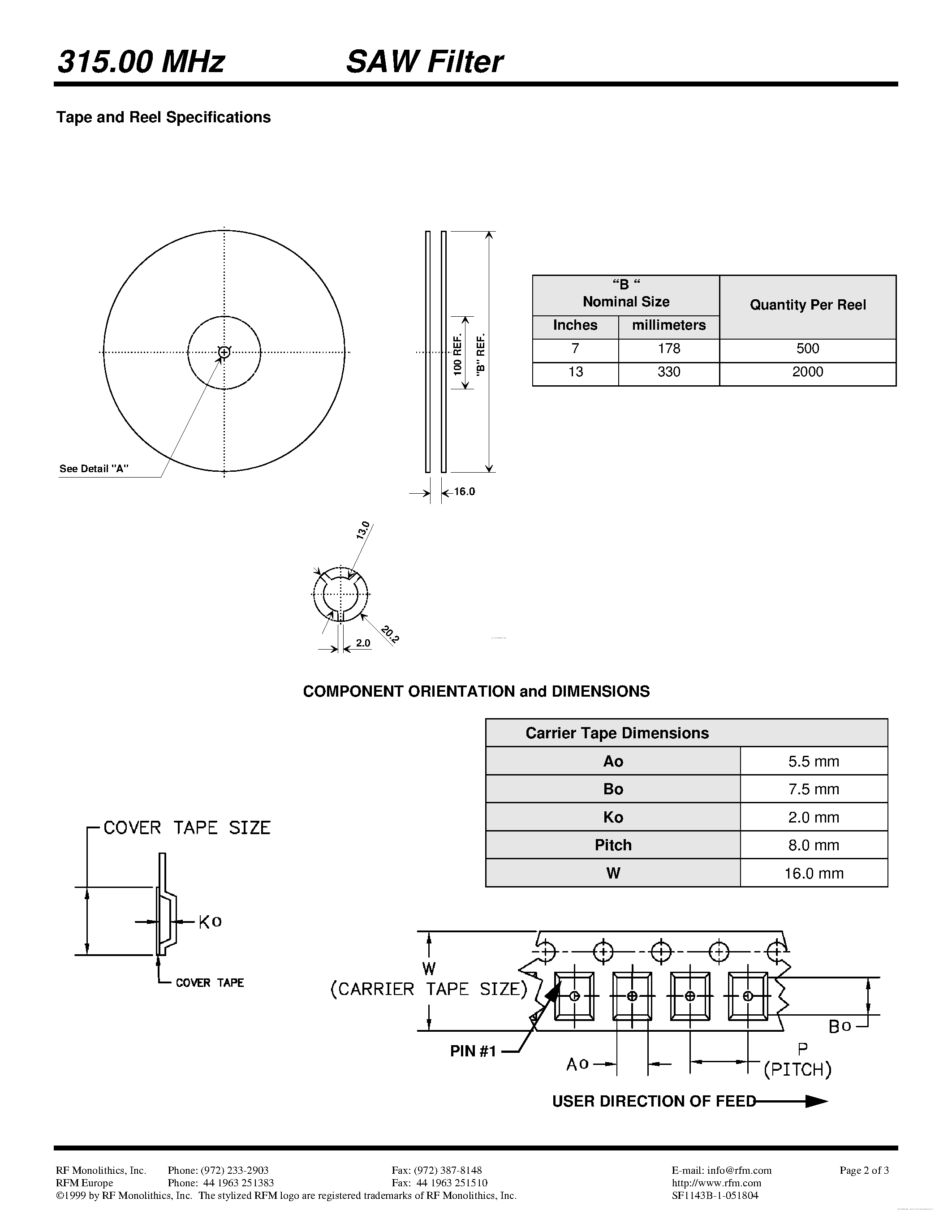 Даташит SF1143B-1 - SAW Filter страница 2