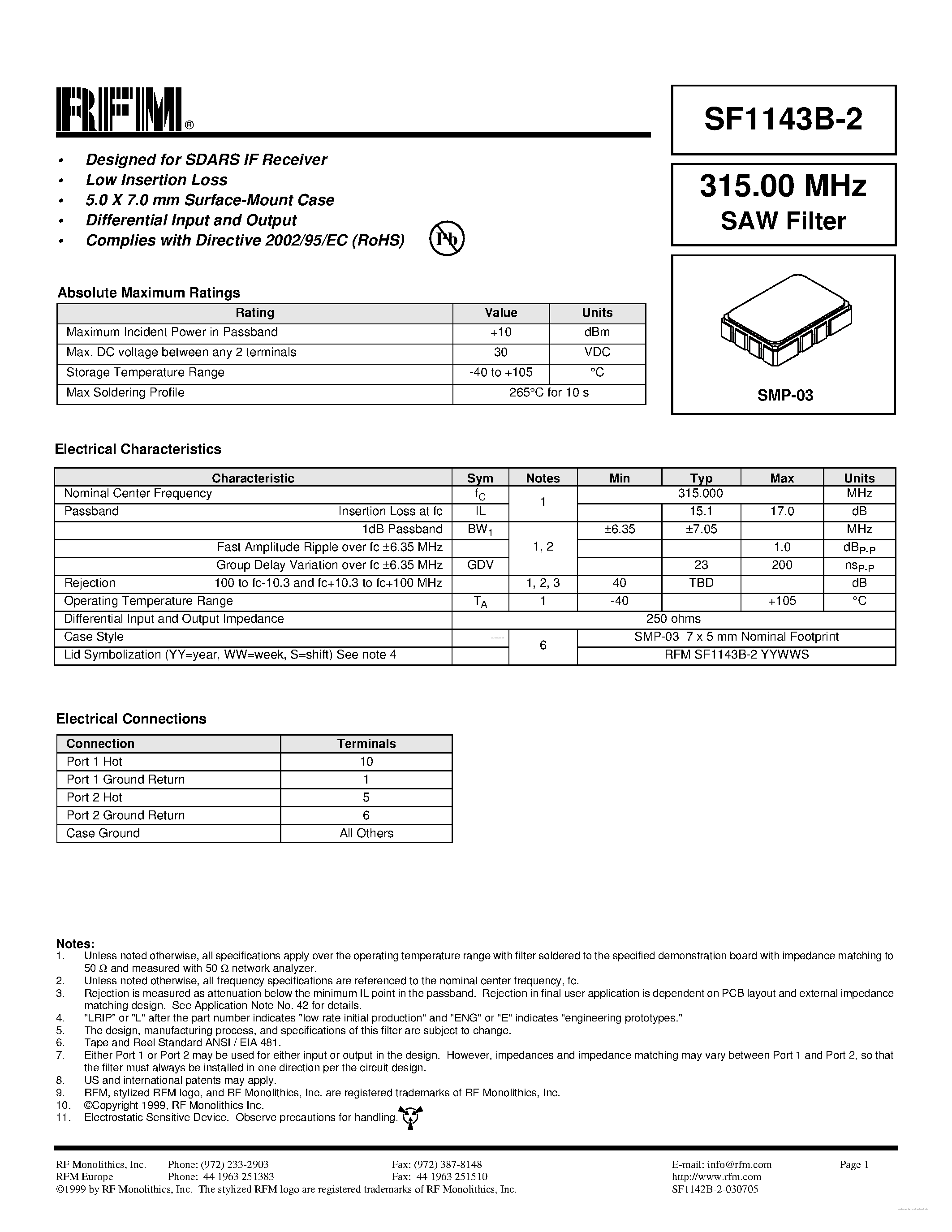 Datasheet SF1143B-2 - SAW Filter page 1