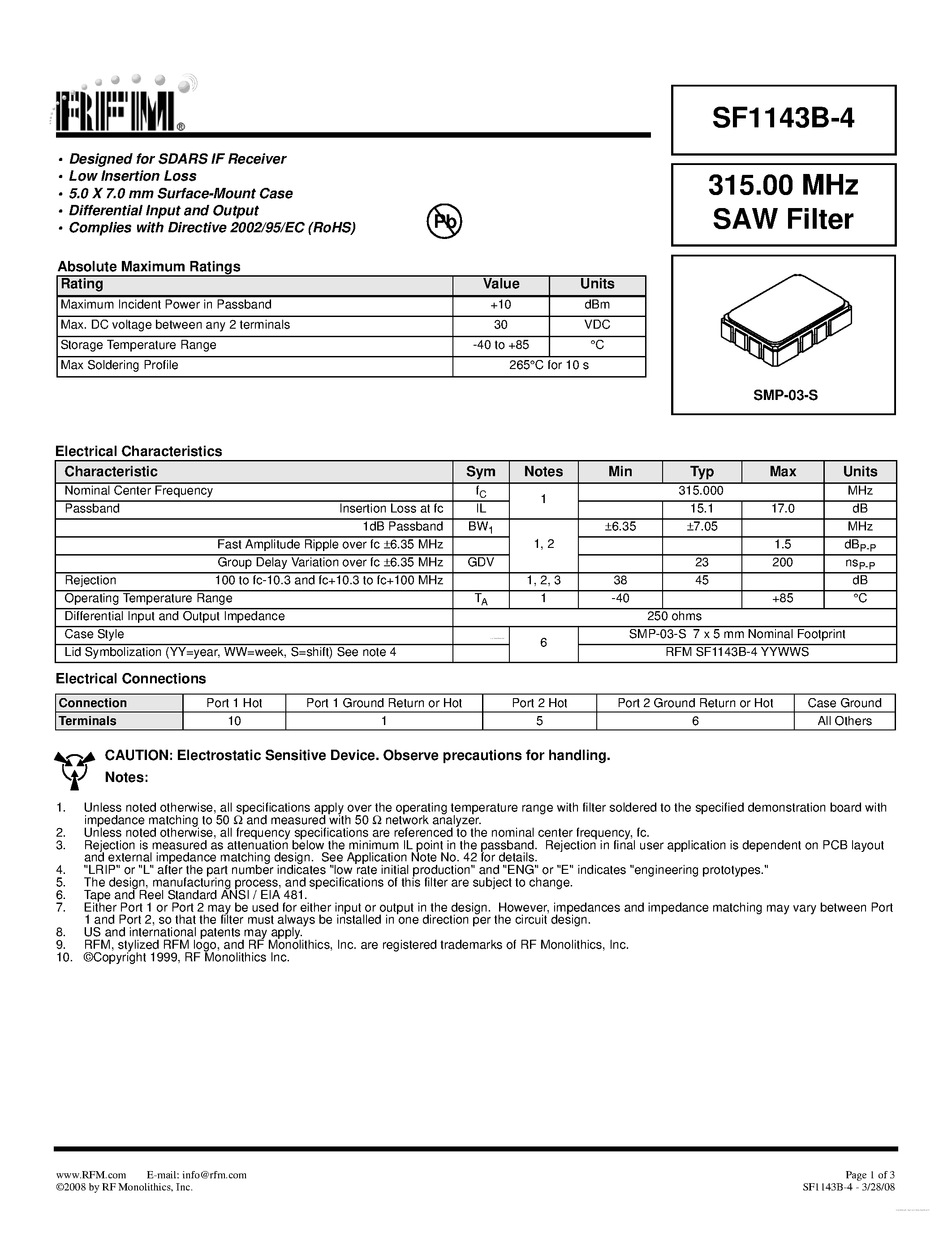 Datasheet SF1143B-4 page 1 Datasheet SF1143B-4 - SAW Filter page 1