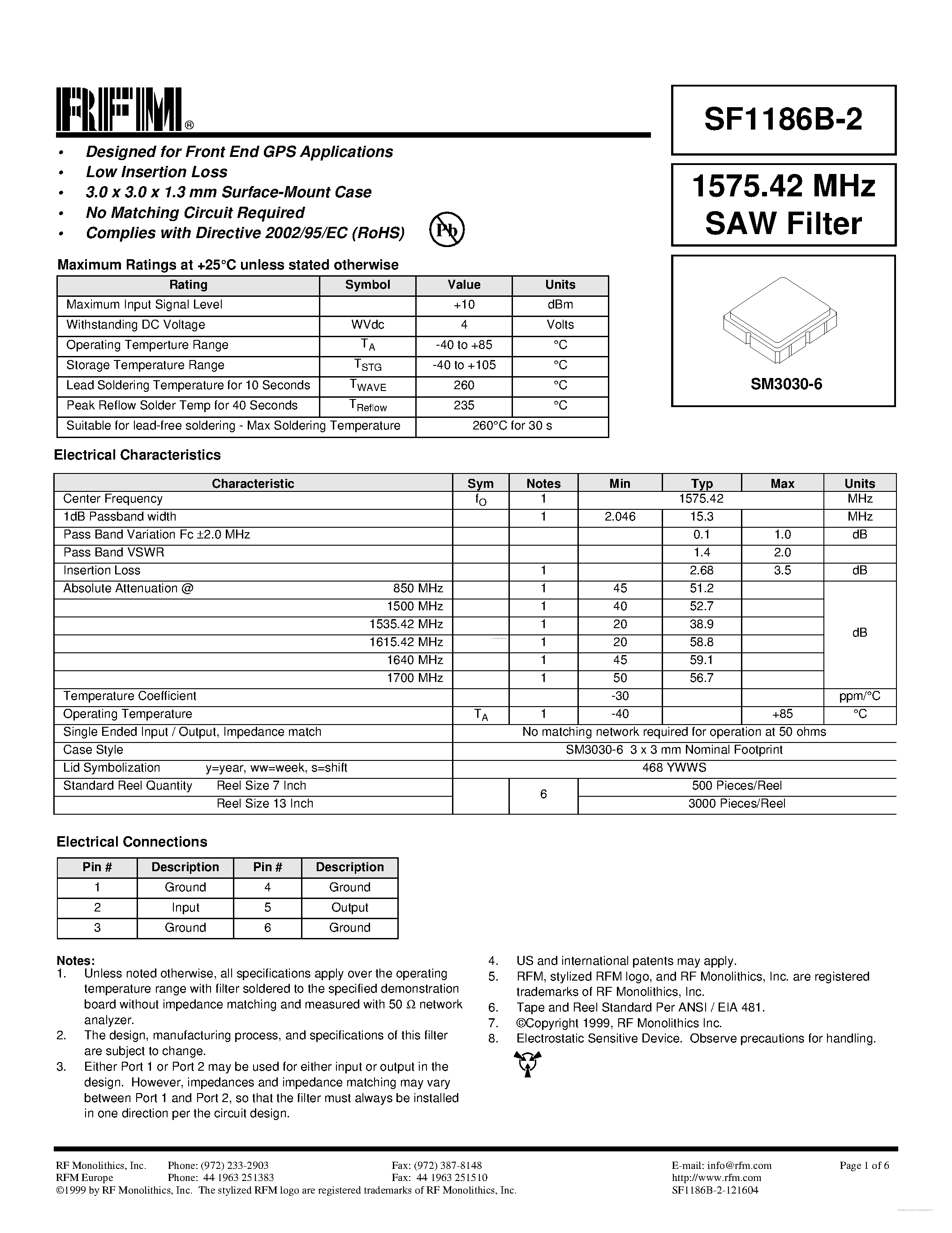 Datasheet SF1186B-2 page 1 Datasheet SF1186B-2 - SAW Filter page 1