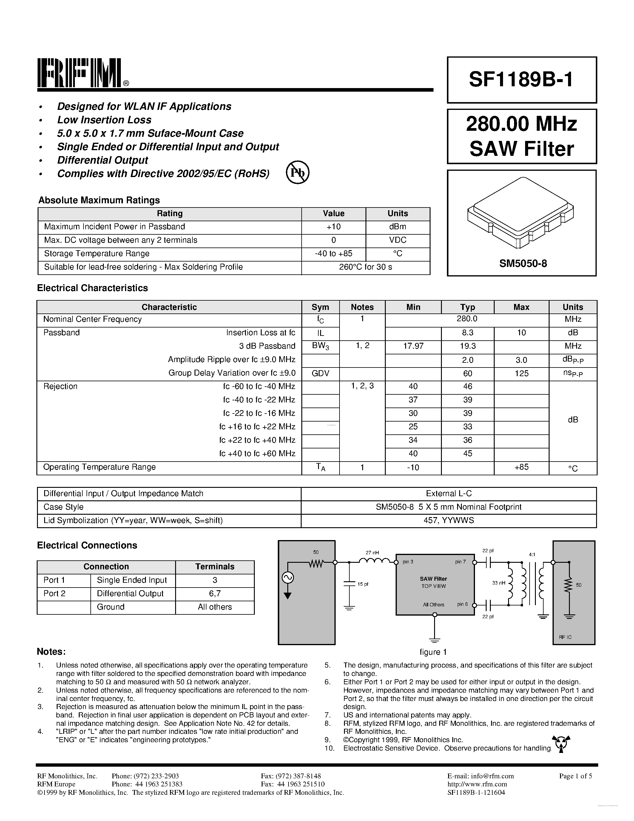 Даташит SF1189B-1 - SAW Filter страница 1