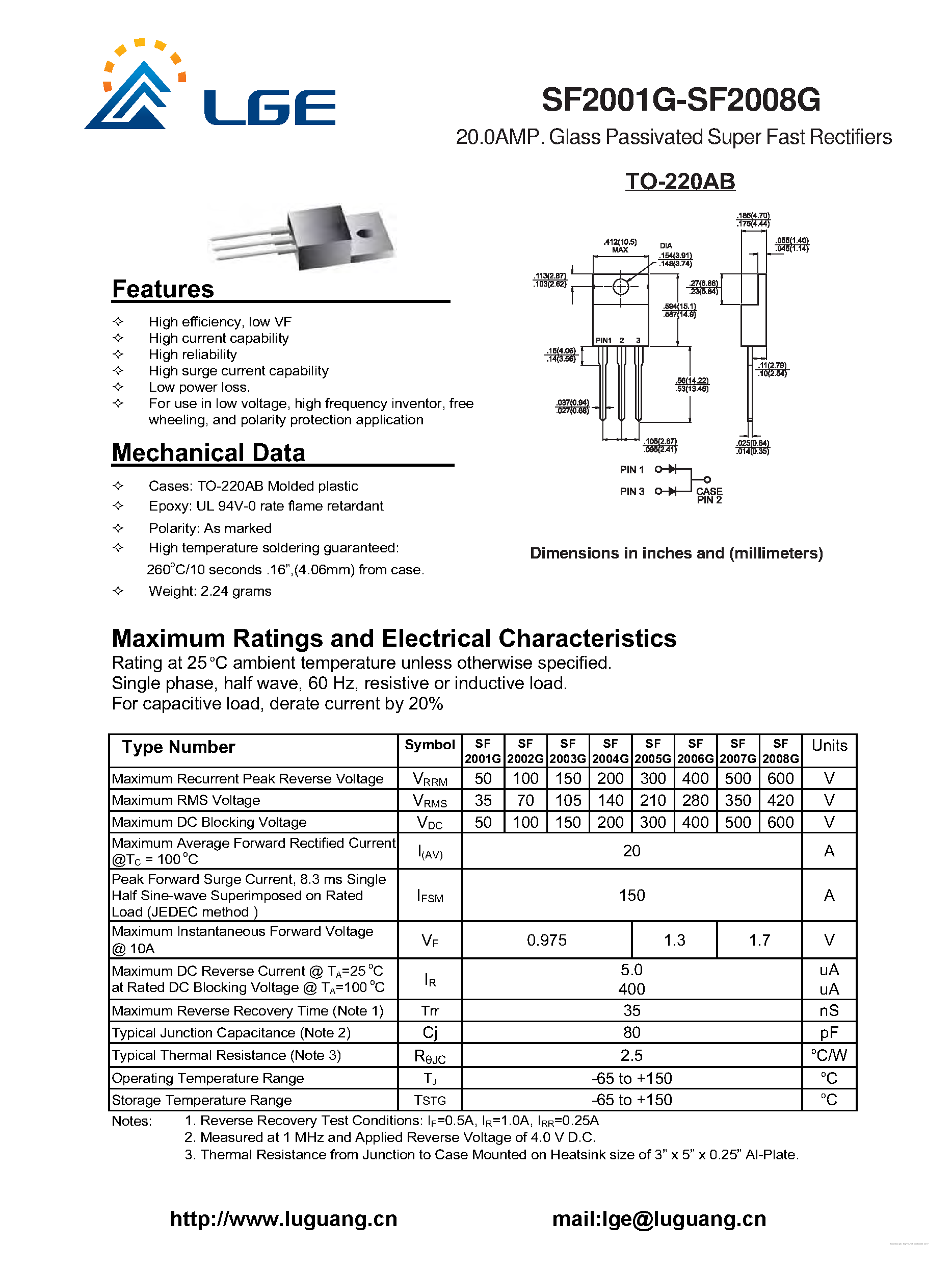 Datasheet SF2001G page 1 Datasheet SF2001G - (SF2001G - SF2008G) Glass Passivated Super Fast Rectifiers page 1