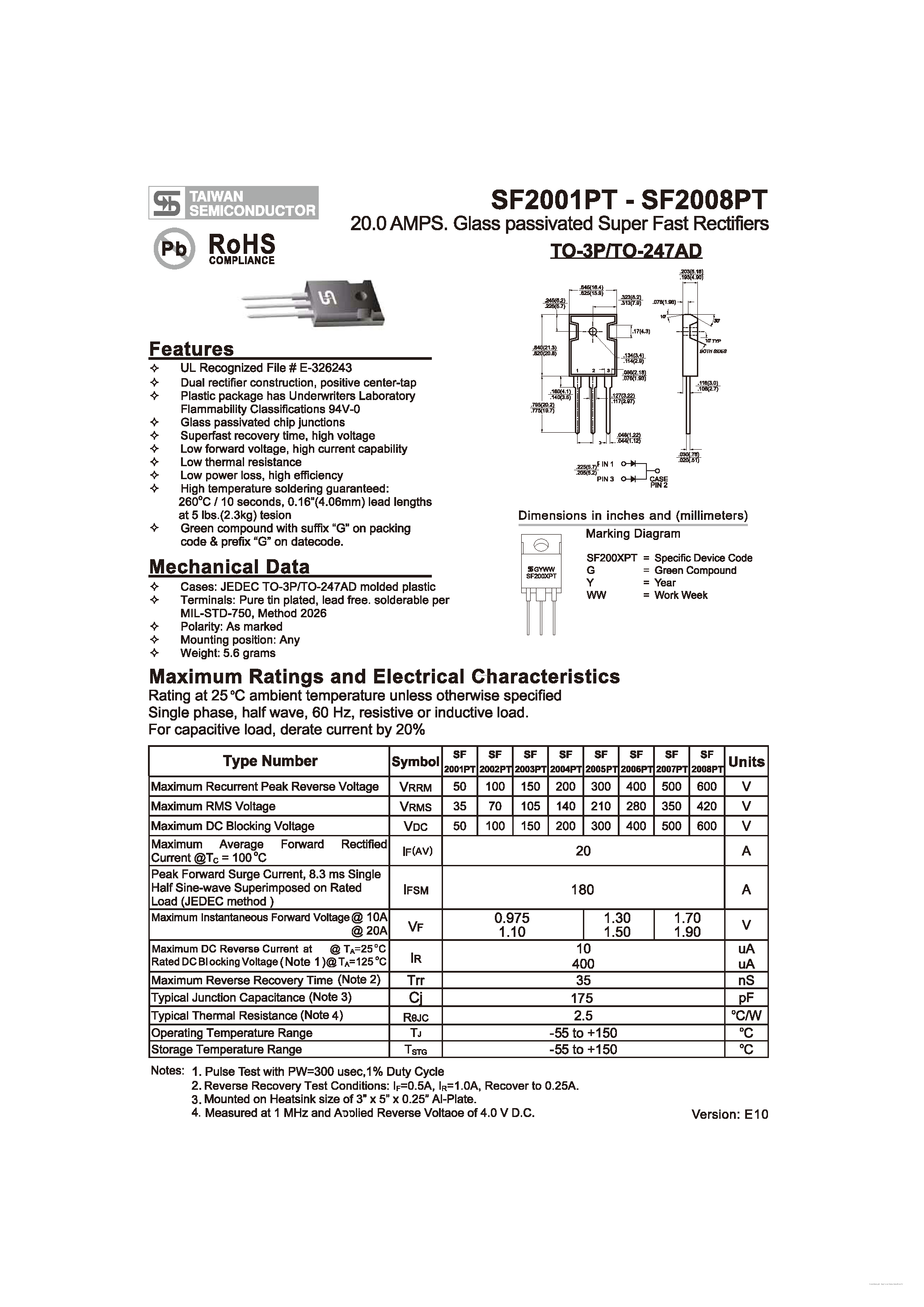Datasheet SF2001PT page 1 Datasheet SF2001PT - (SF2001PT - SF2008PT) Glass Passivated Super Fast Rectifiers page 1