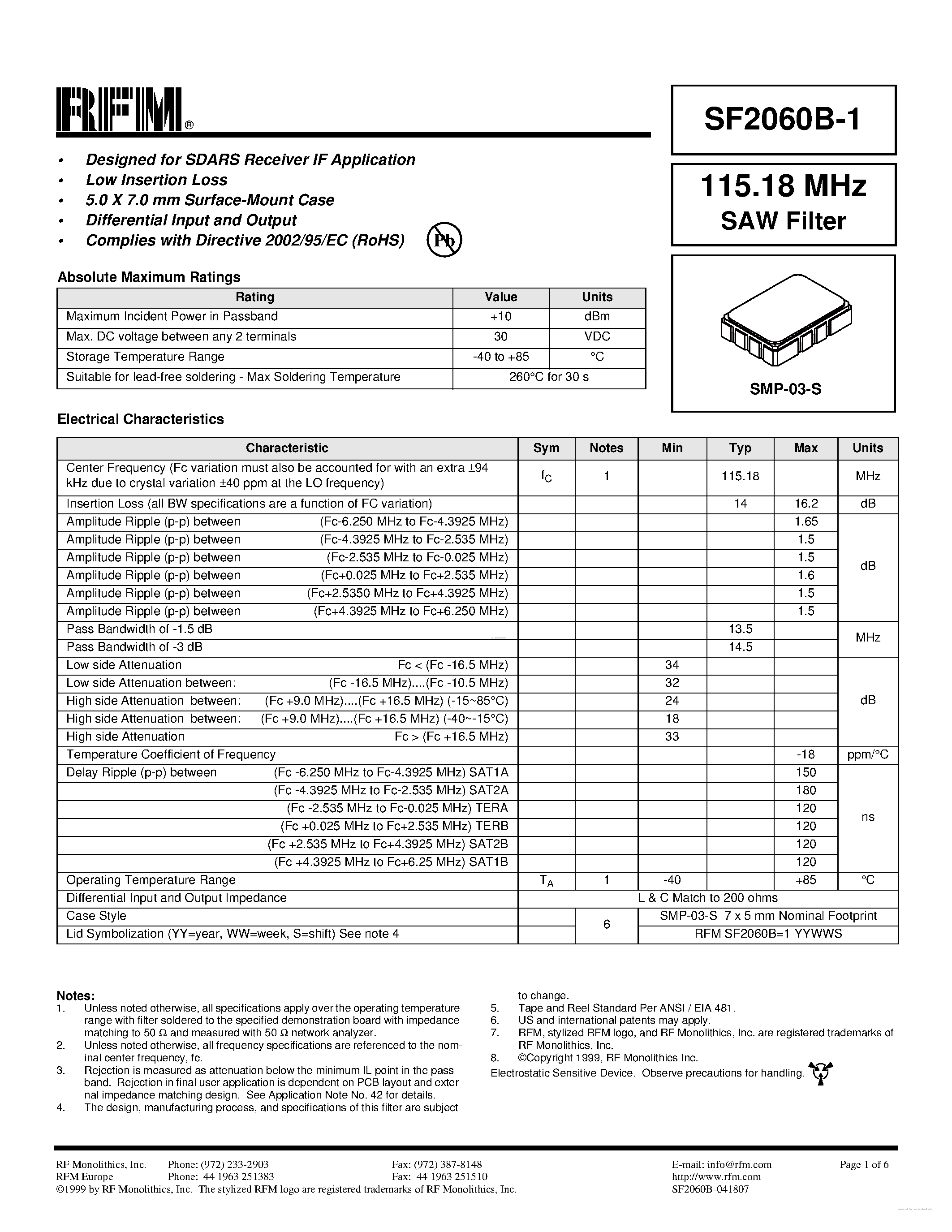 Datasheet SF2060B-1 - SAW Filter page 1