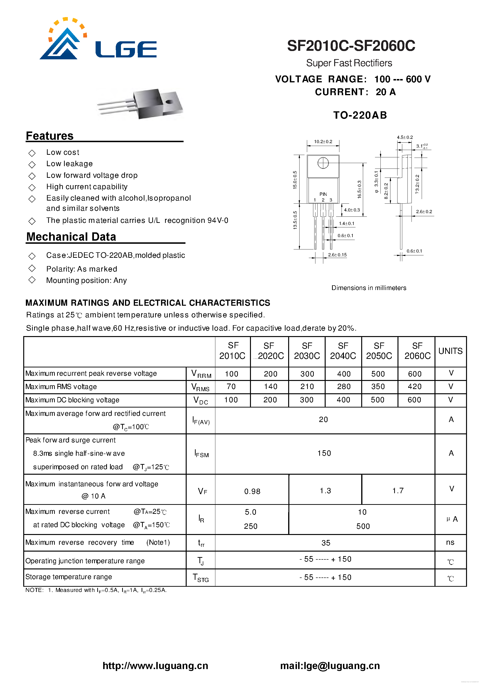 Datasheet SF2010C page 1 Datasheet SF2010C - (SF2010C - SF2060C) Super Fast Rectifiers page 1