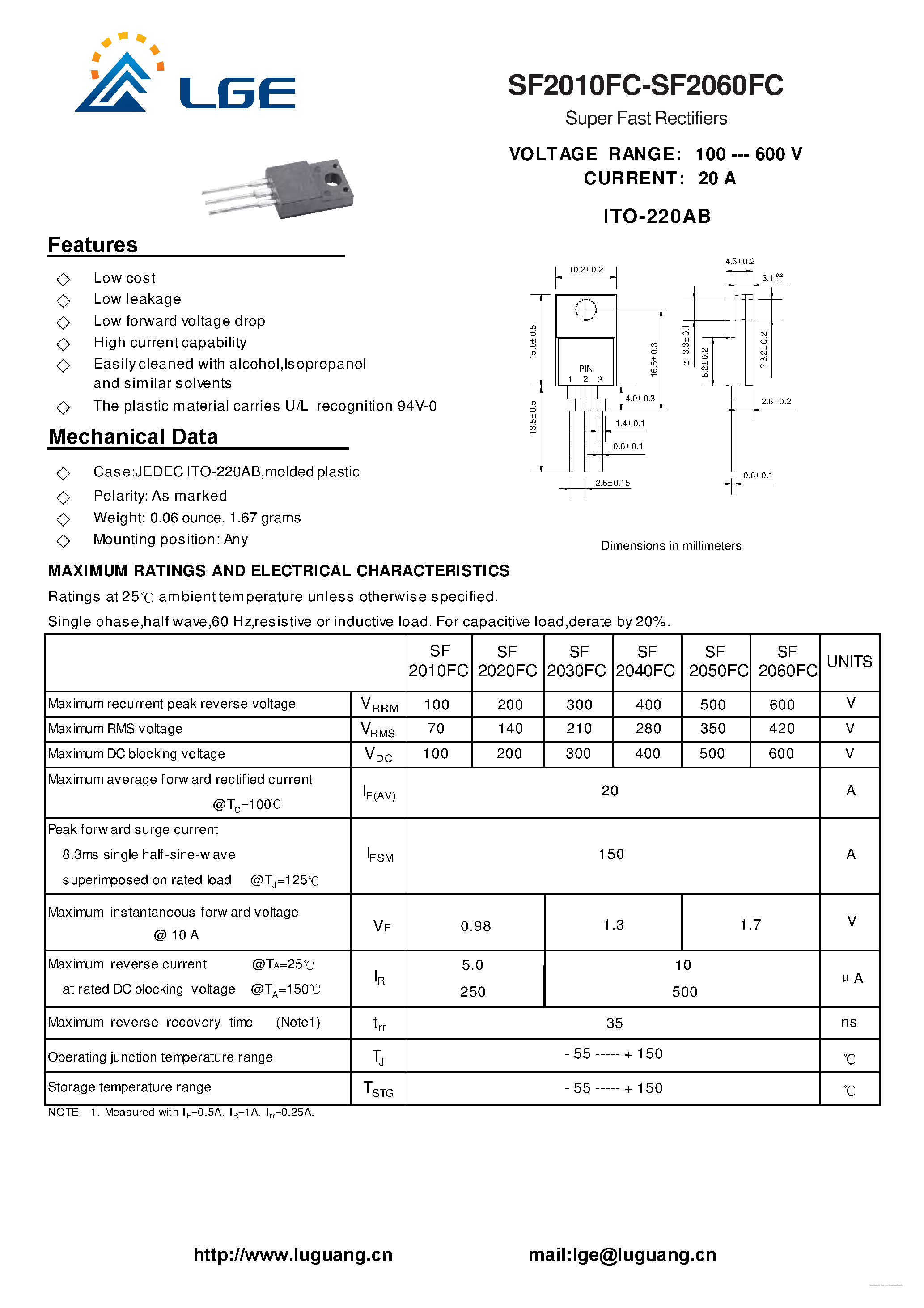 Datasheet SF2010FC page 1 Datasheet SF2010FC - (SF2010FC - SF2060FC) Super Fast Rectifiers page 1