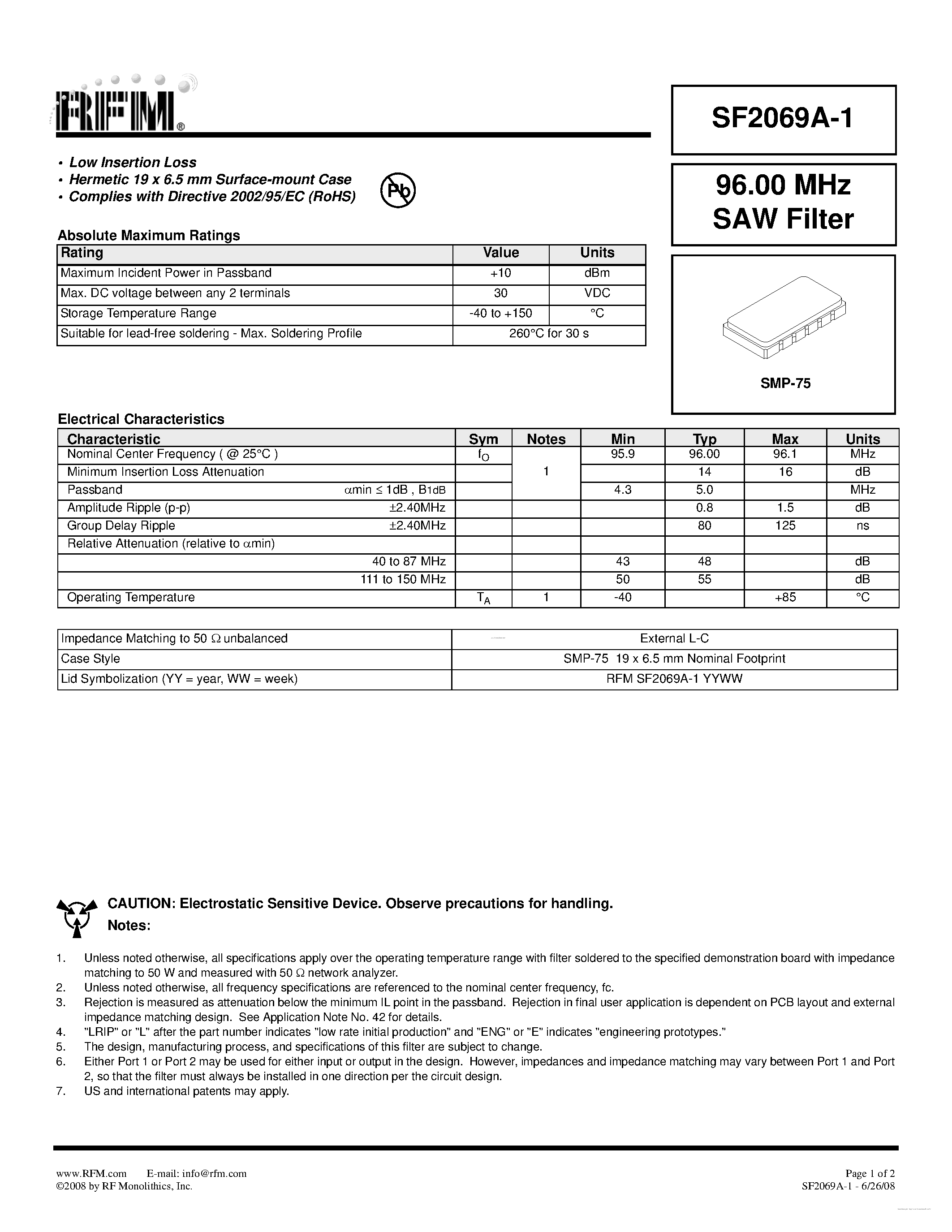 Datasheet SF2069A-1 - SAW Filter page 1