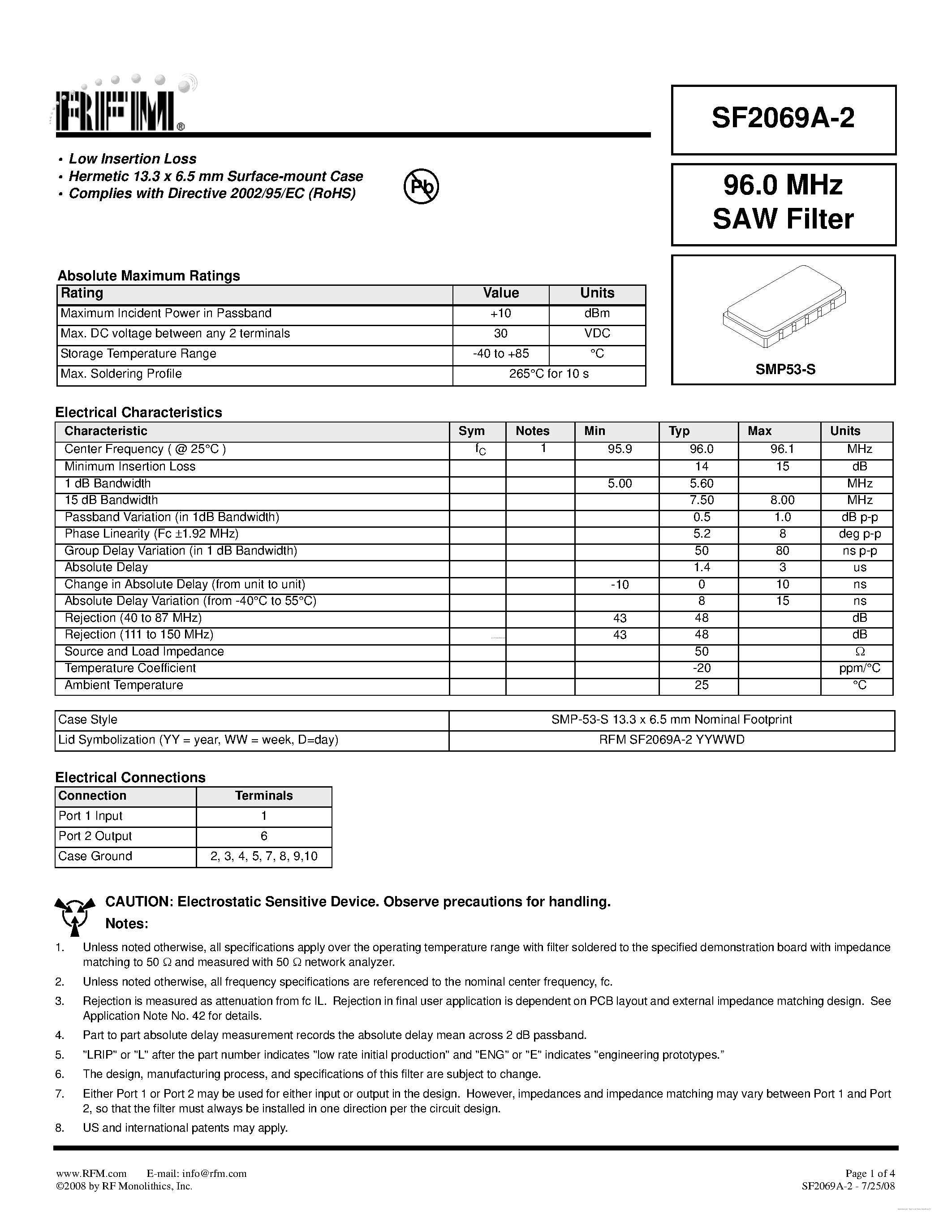 Datasheet SF2069A-2 page 1 Datasheet SF2069A-2 - SAW Filter page 1