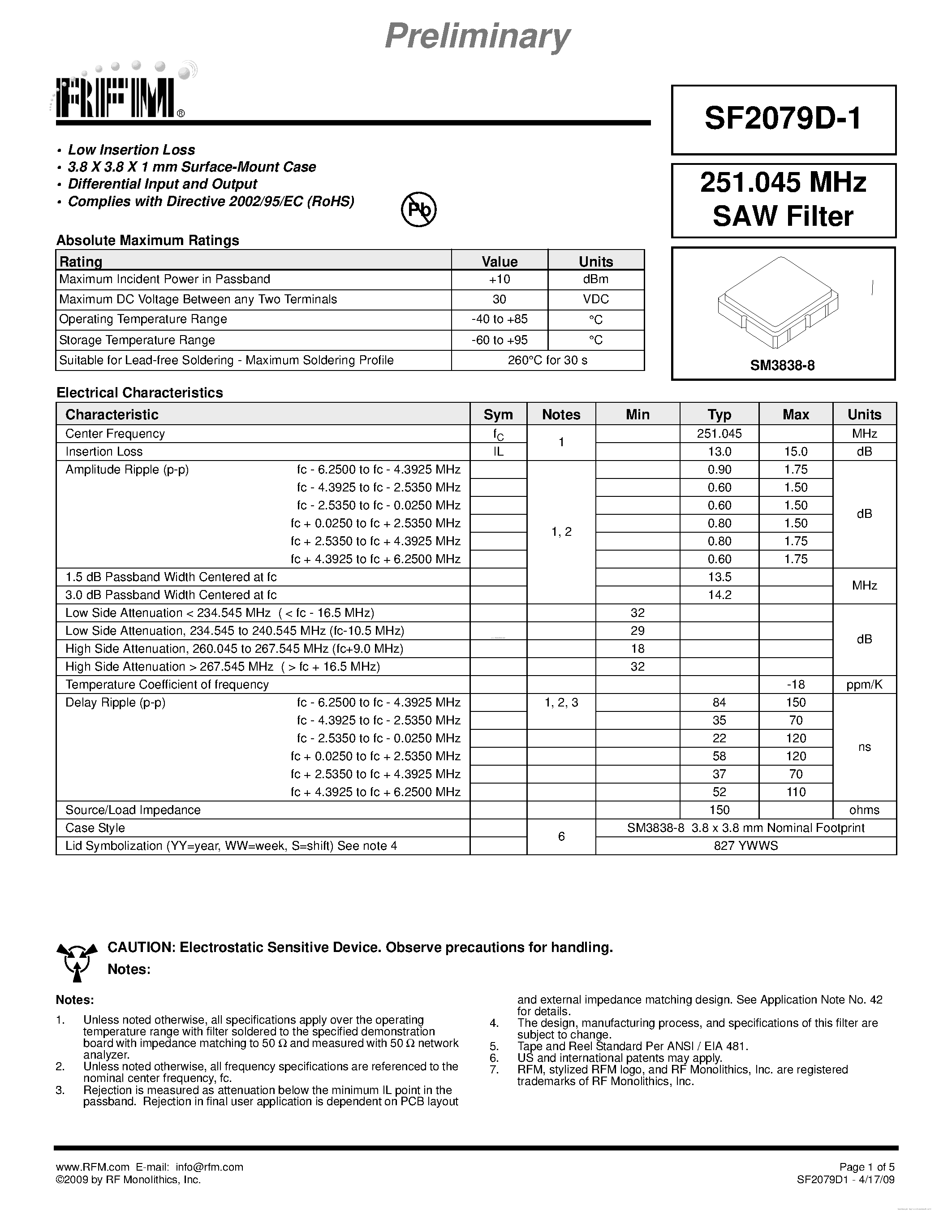 Datasheet SF2079D-1 page 1 Datasheet SF2079D-1 - SAW Filter page 1
