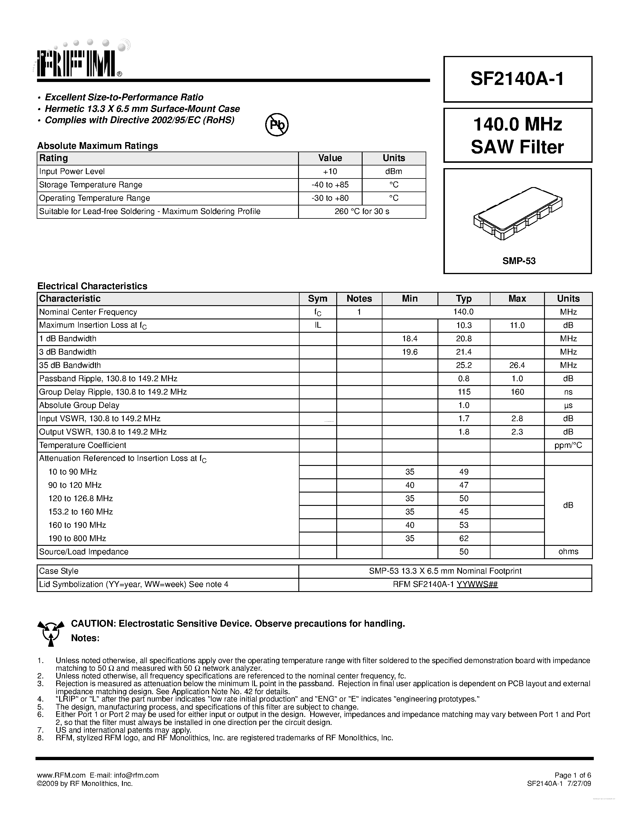 Datasheet SF2140A-1 page 1 Datasheet SF2140A-1 - SAW Filter page 1