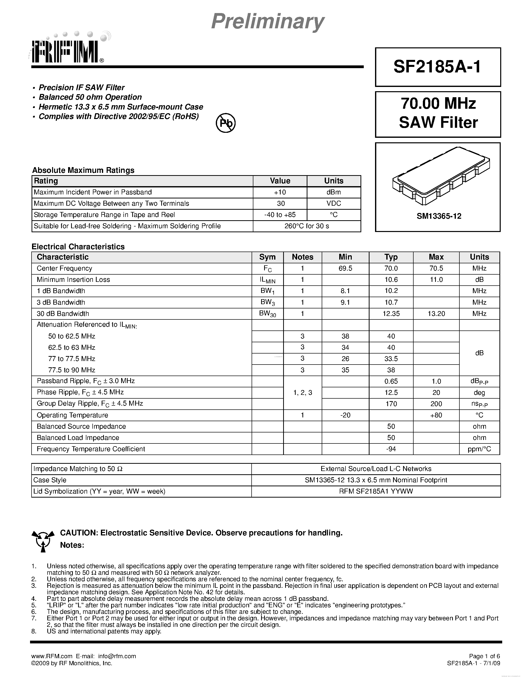 Datasheet SF2185A-1 page 1 Datasheet SF2185A-1 - SAW Filter page 1