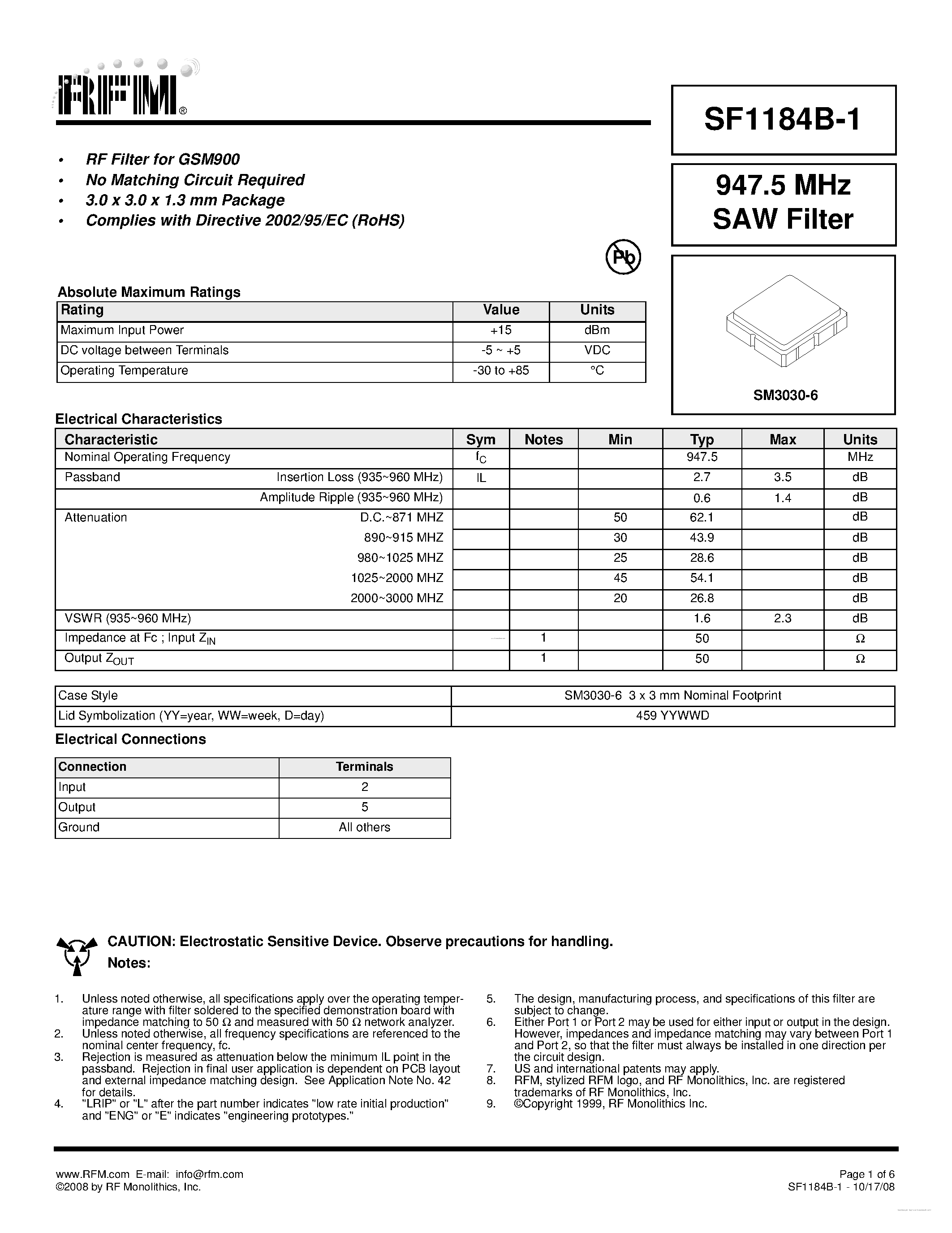 Даташит SF1184B-1 - SAW Filter страница 1