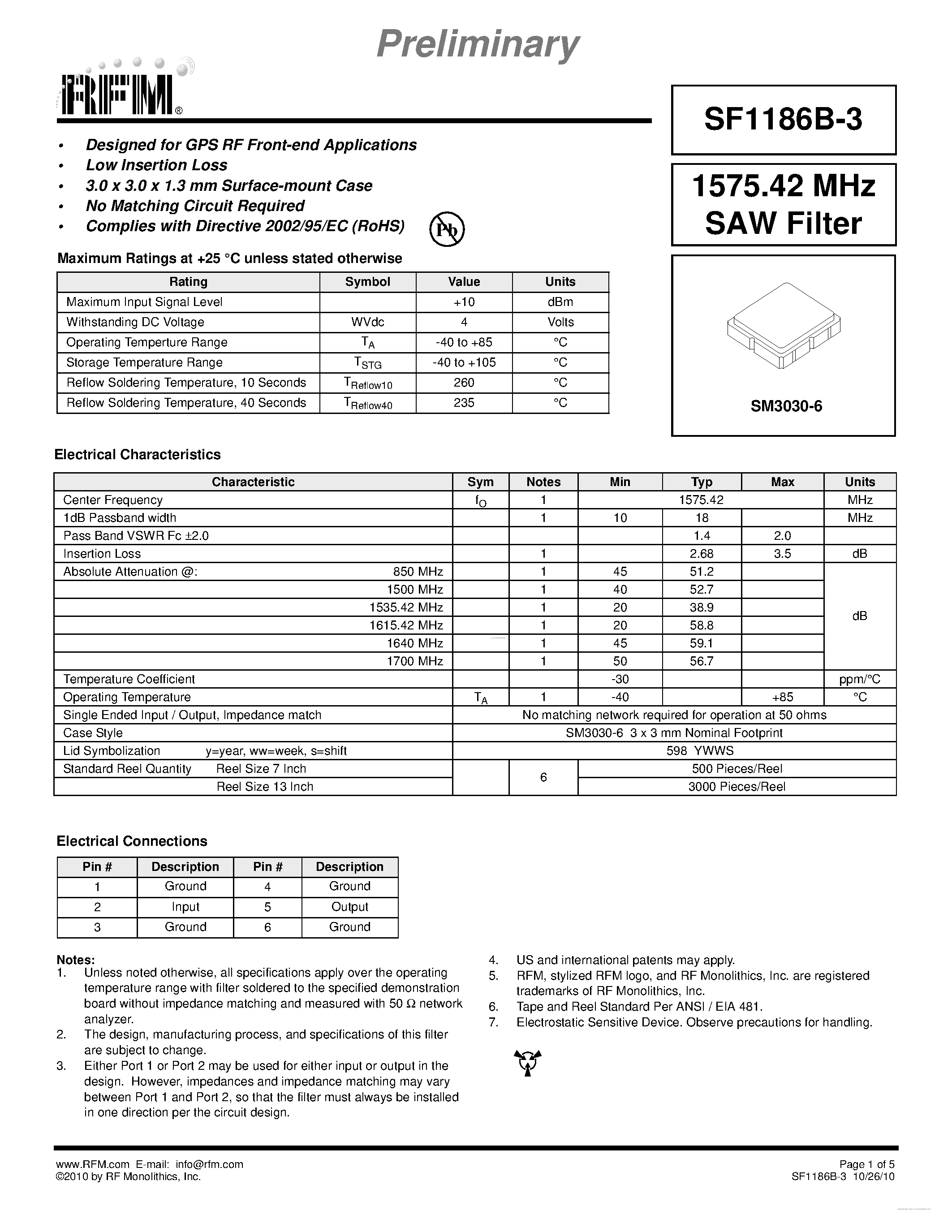 Datasheet SF1186B-3 - SAW Filter page 1