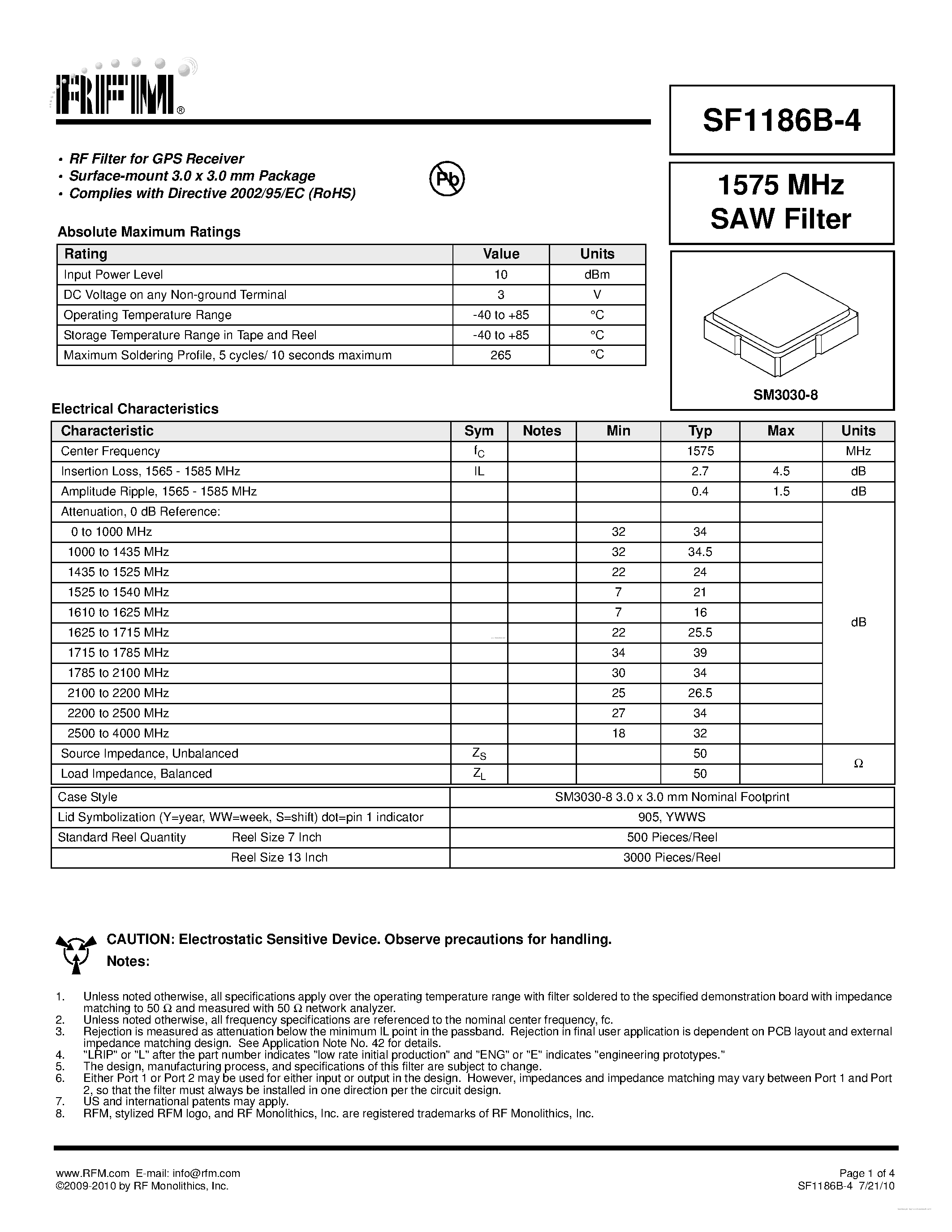 Datasheet SF1186B-4 - SAW Filter page 1