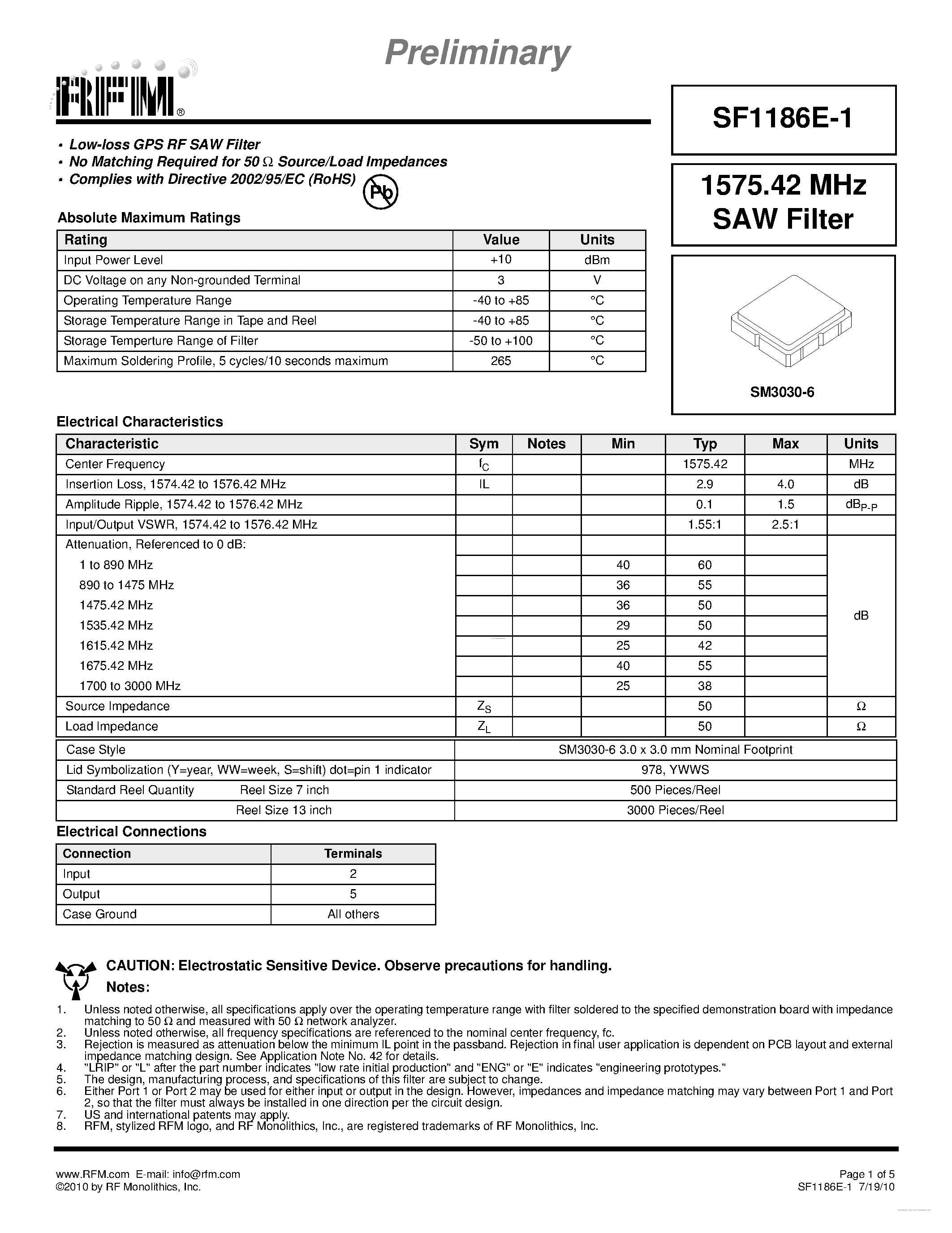 Даташит SF1186E-1 - SAW Filter страница 1
