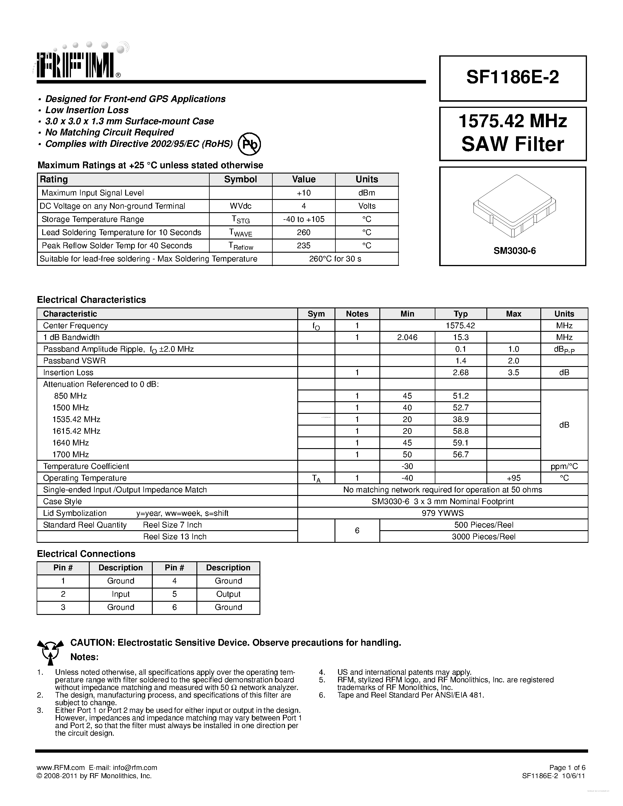 Datasheet SF1186E-2 page 1 Datasheet SF1186E-2 - SAW Filter page 1
