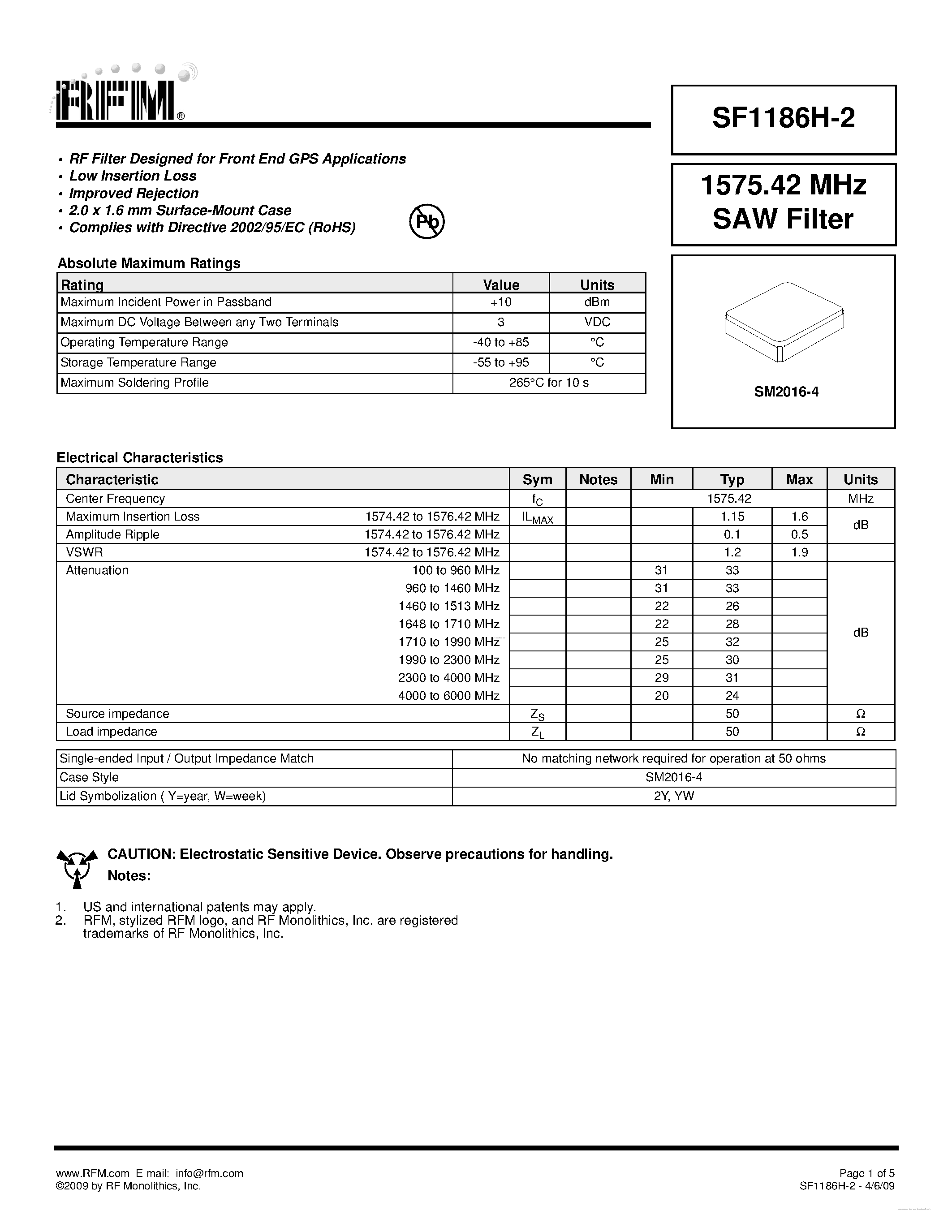 Datasheet SF1186H-2 - SAW Filter page 1