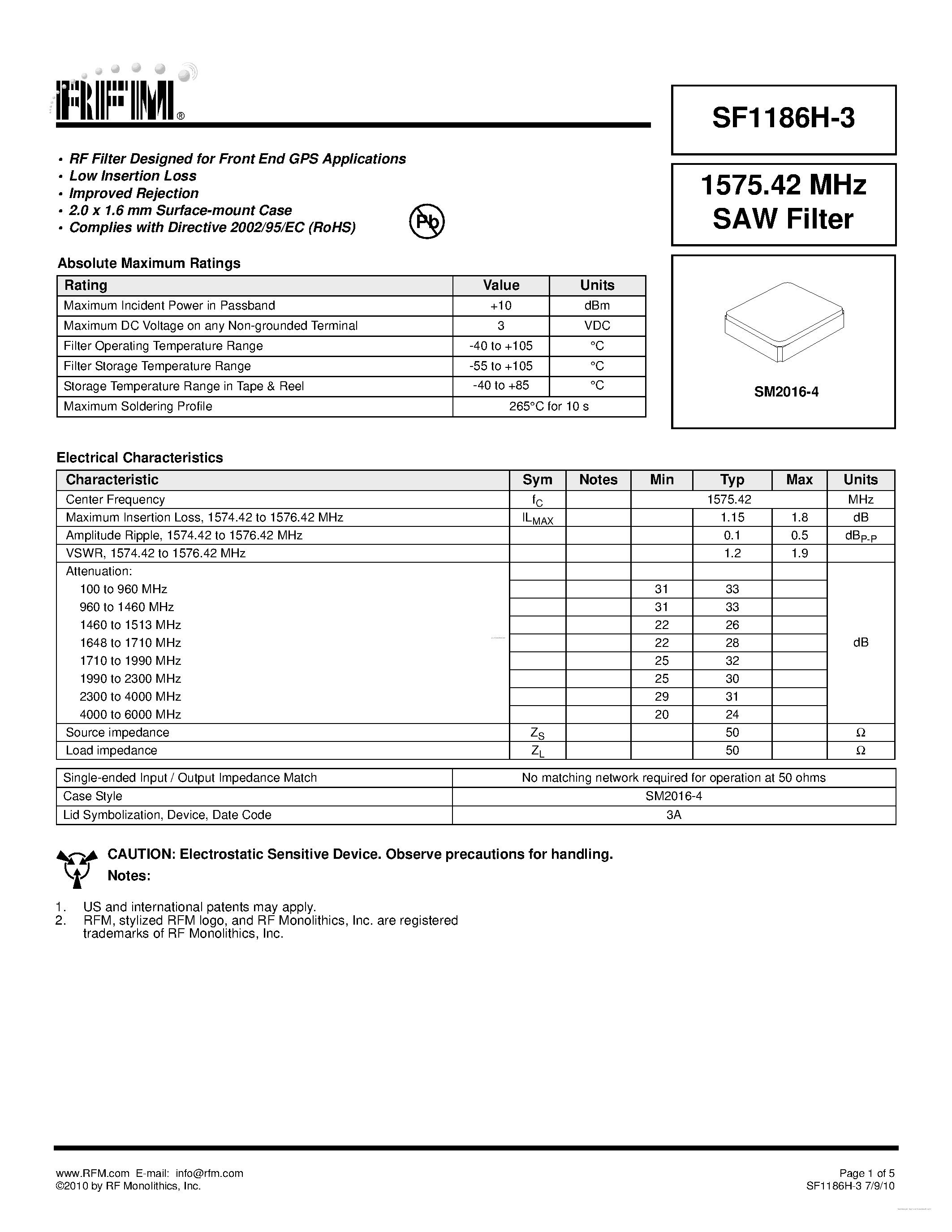 Datasheet SF1186H-3 page 1 Datasheet SF1186H-3 - SAW Filter page 1
