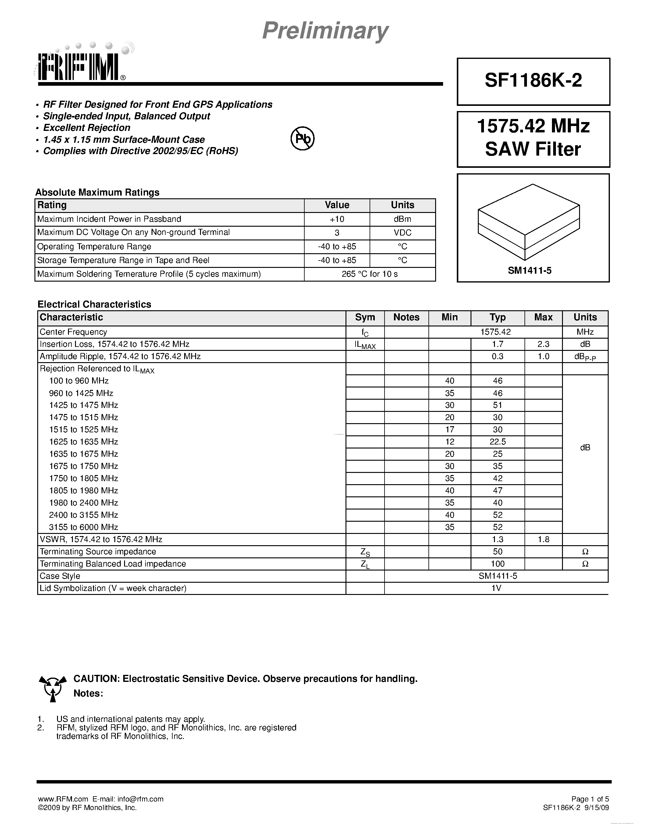 Datasheet SF1186K-2 - SAW Filter page 1
