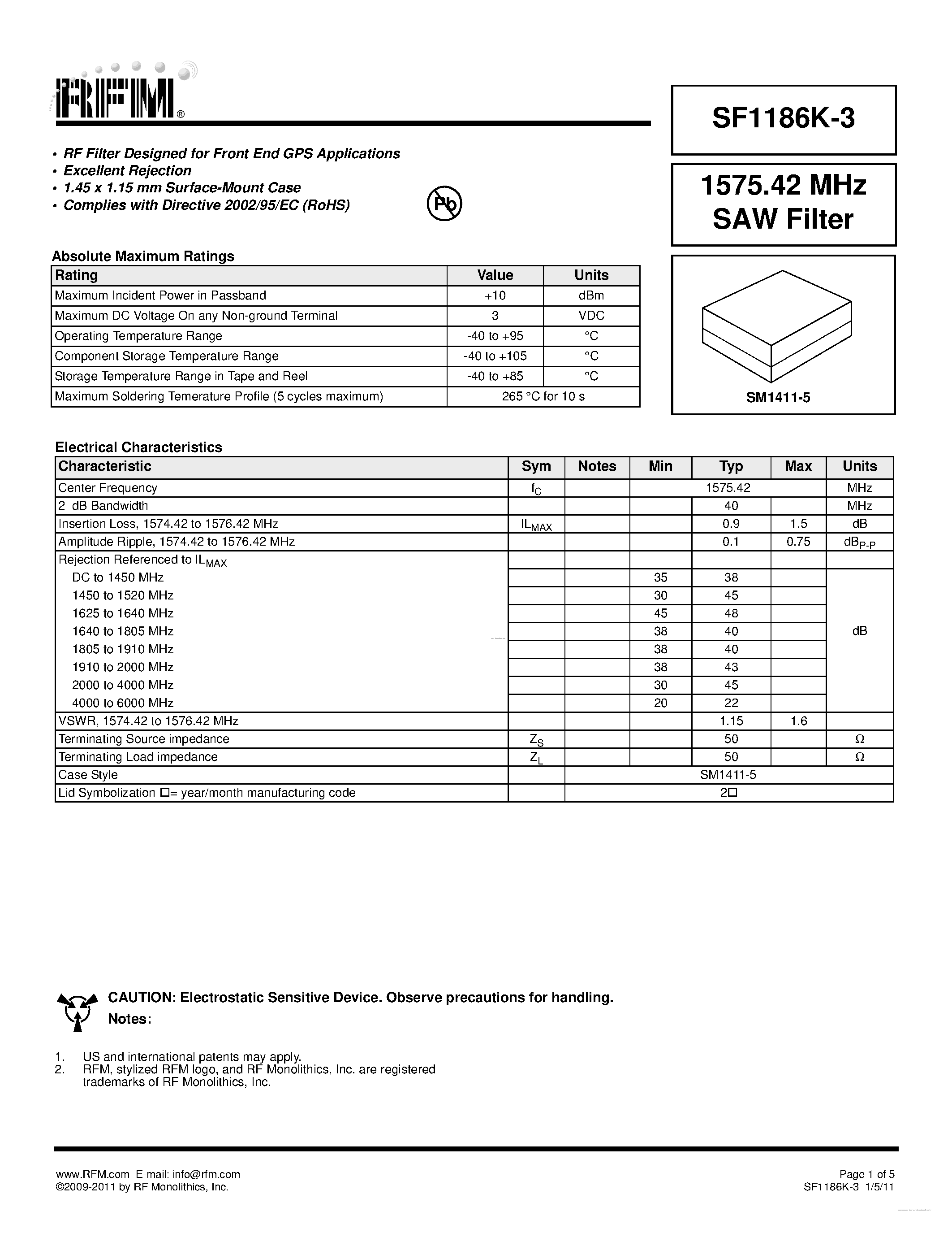 Datasheet SF1186K-3 - SAW Filter page 1