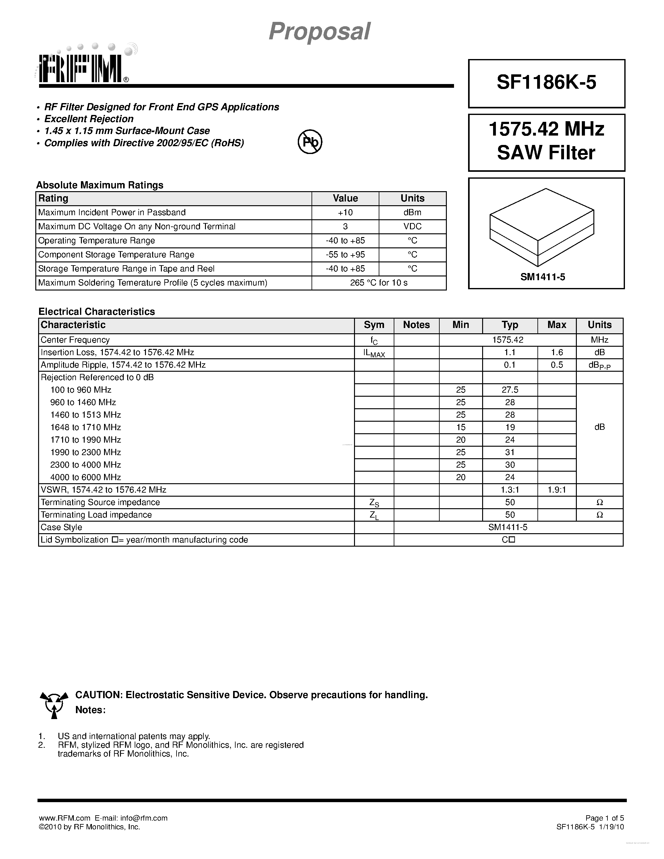 Datasheet SF1186K-5 - SAW Filter page 1