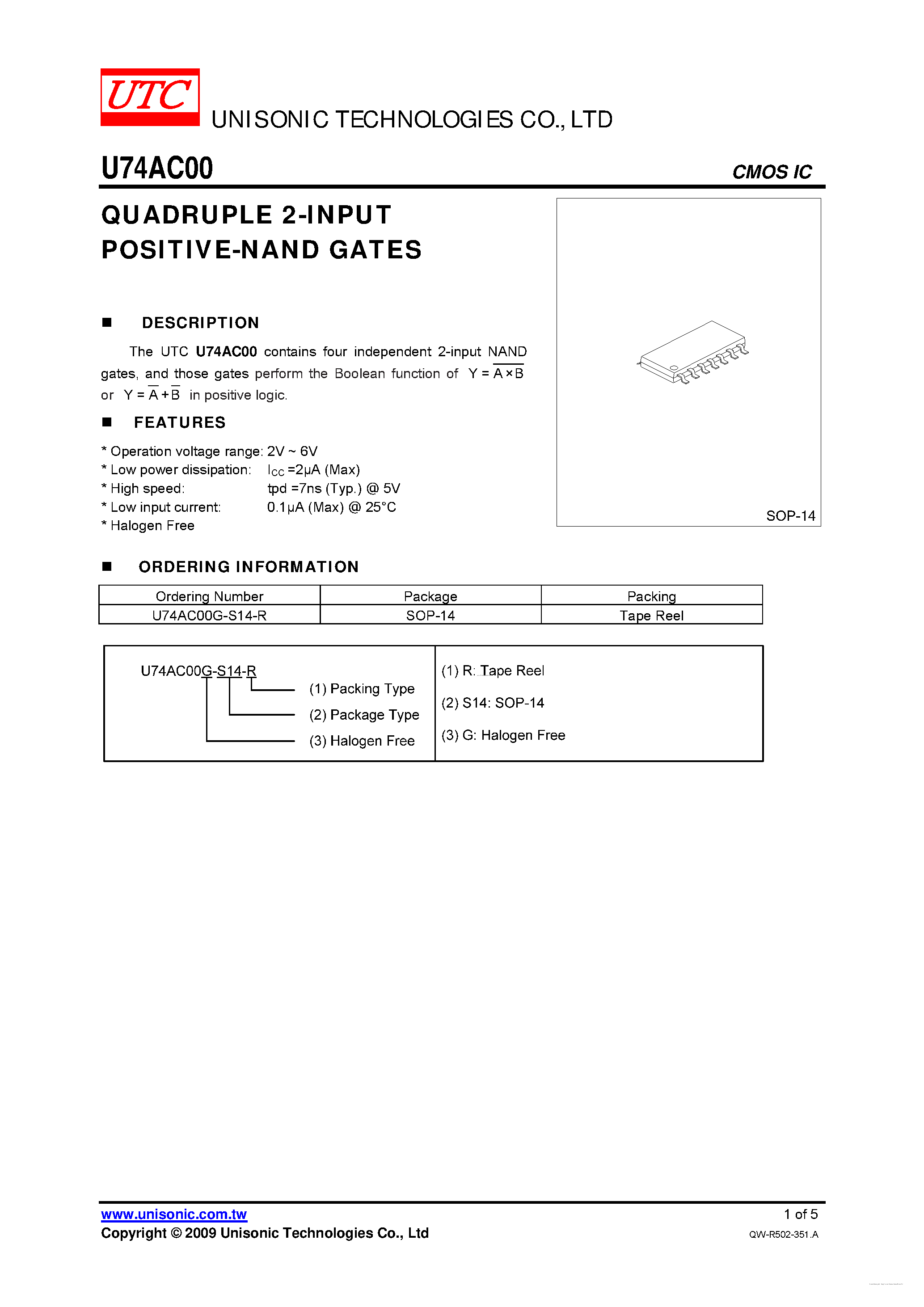 Datasheet U74AC00 - QUADRUPLE 2-INPUT POSITIVE-NAND GATES page 1