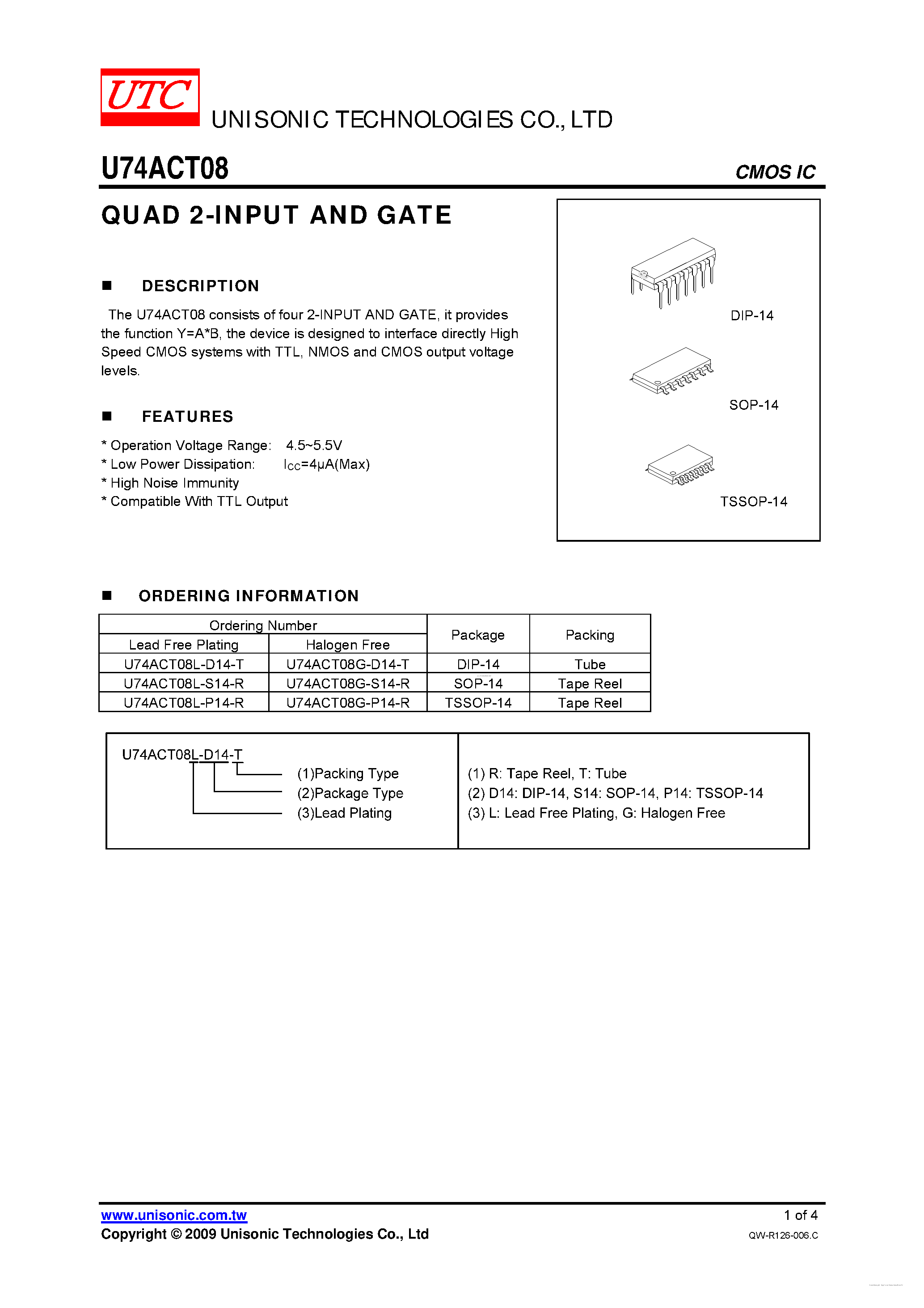 Datasheet U74ACT08 - QUAD 2-INPUT AND GATE page 1