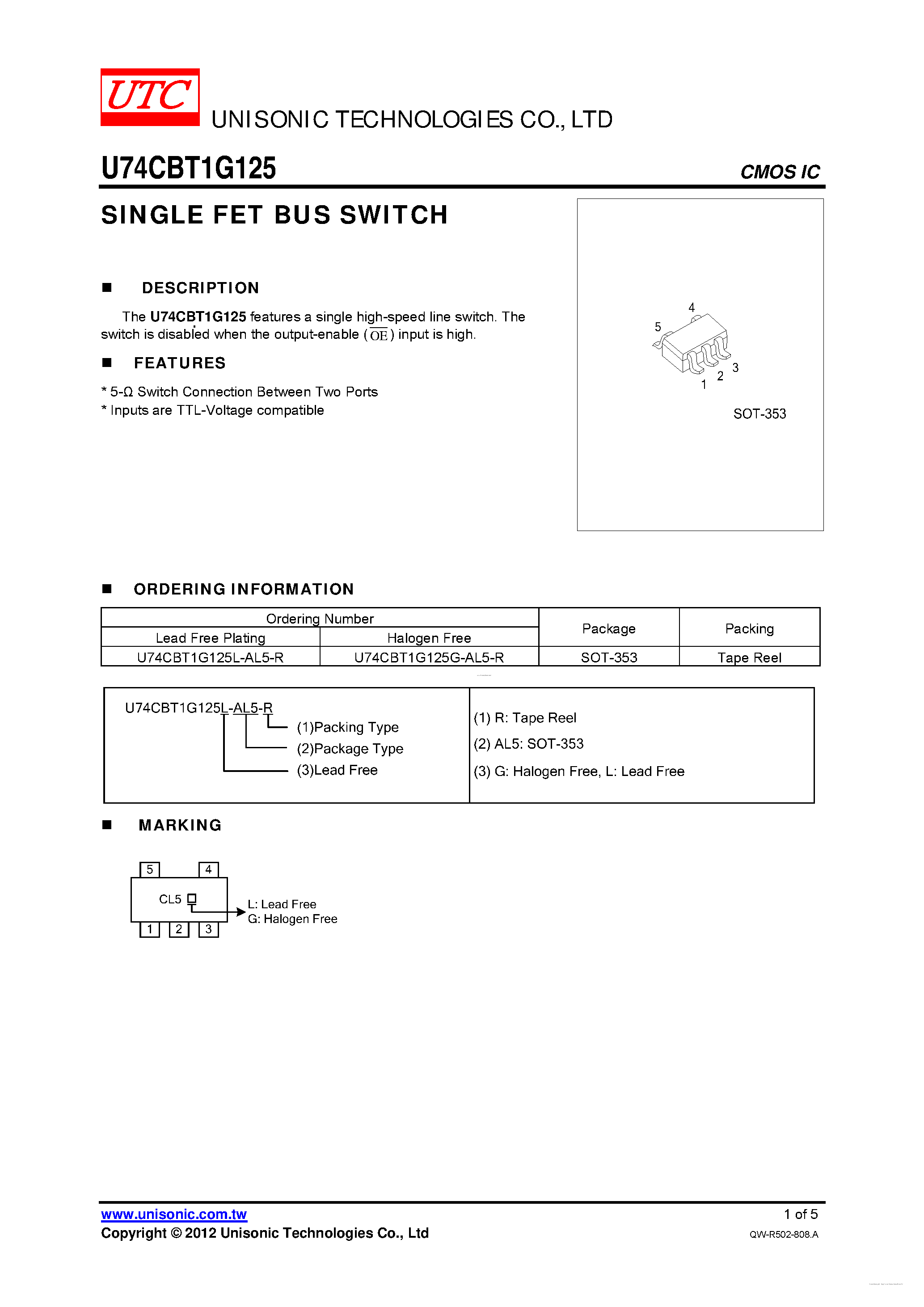 Datasheet U74CBT1G125 - SINGLE FET BUS SWITCH page 1