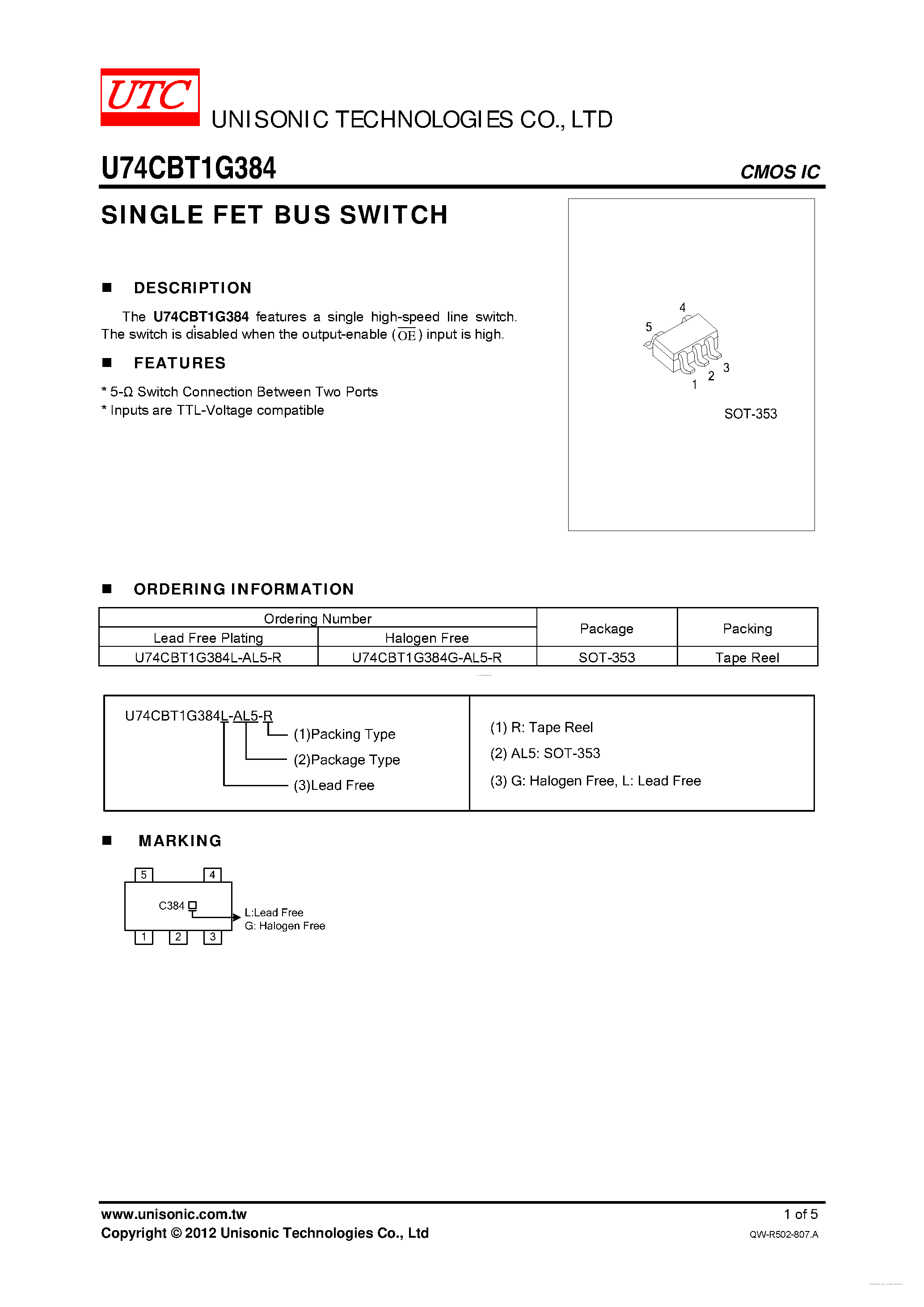 Datasheet U74CBT1G384 - SINGLE FET BUS SWITCH page 1