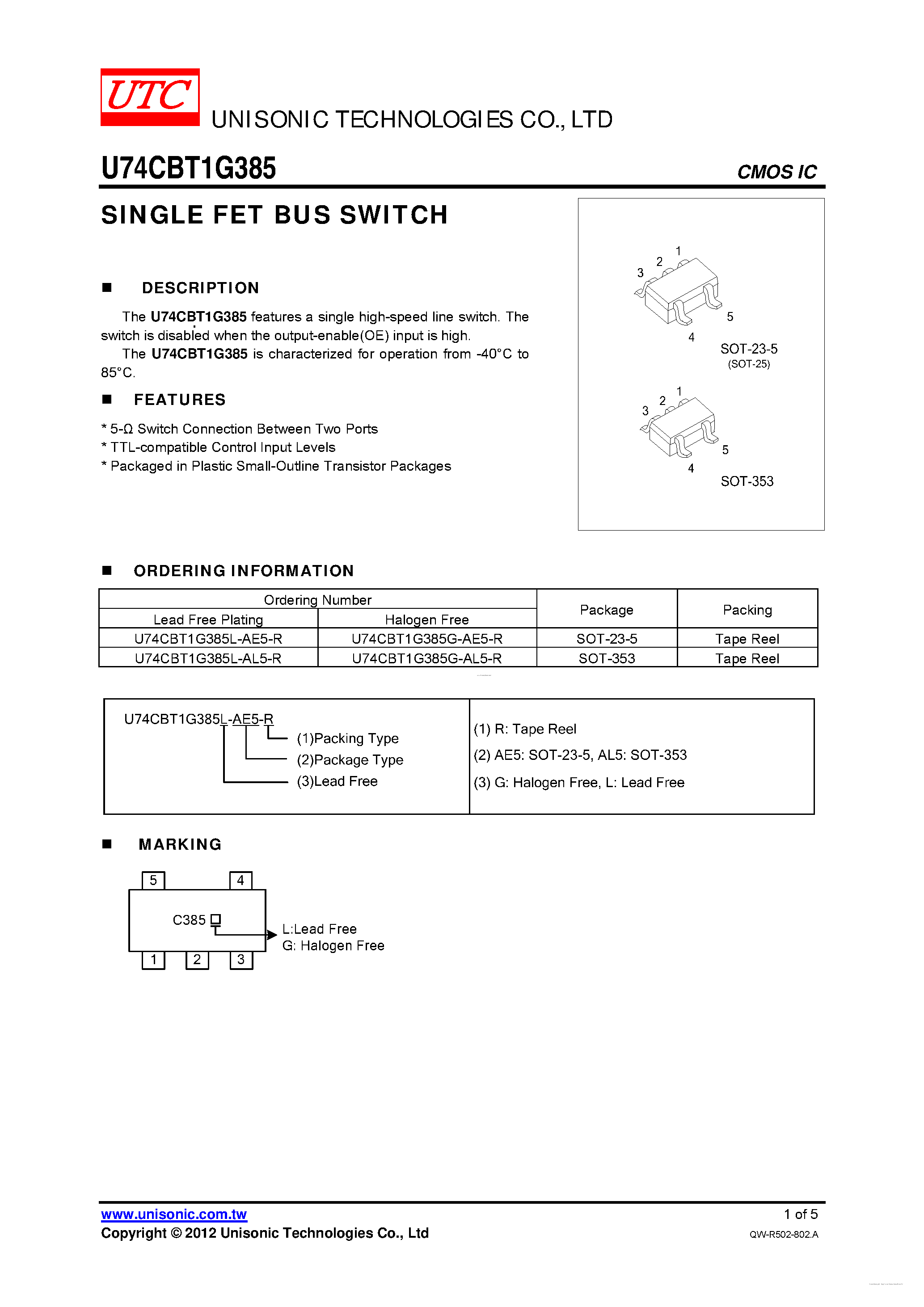 Datasheet U74CBT1G385 - SINGLE FET BUS SWITCH page 1