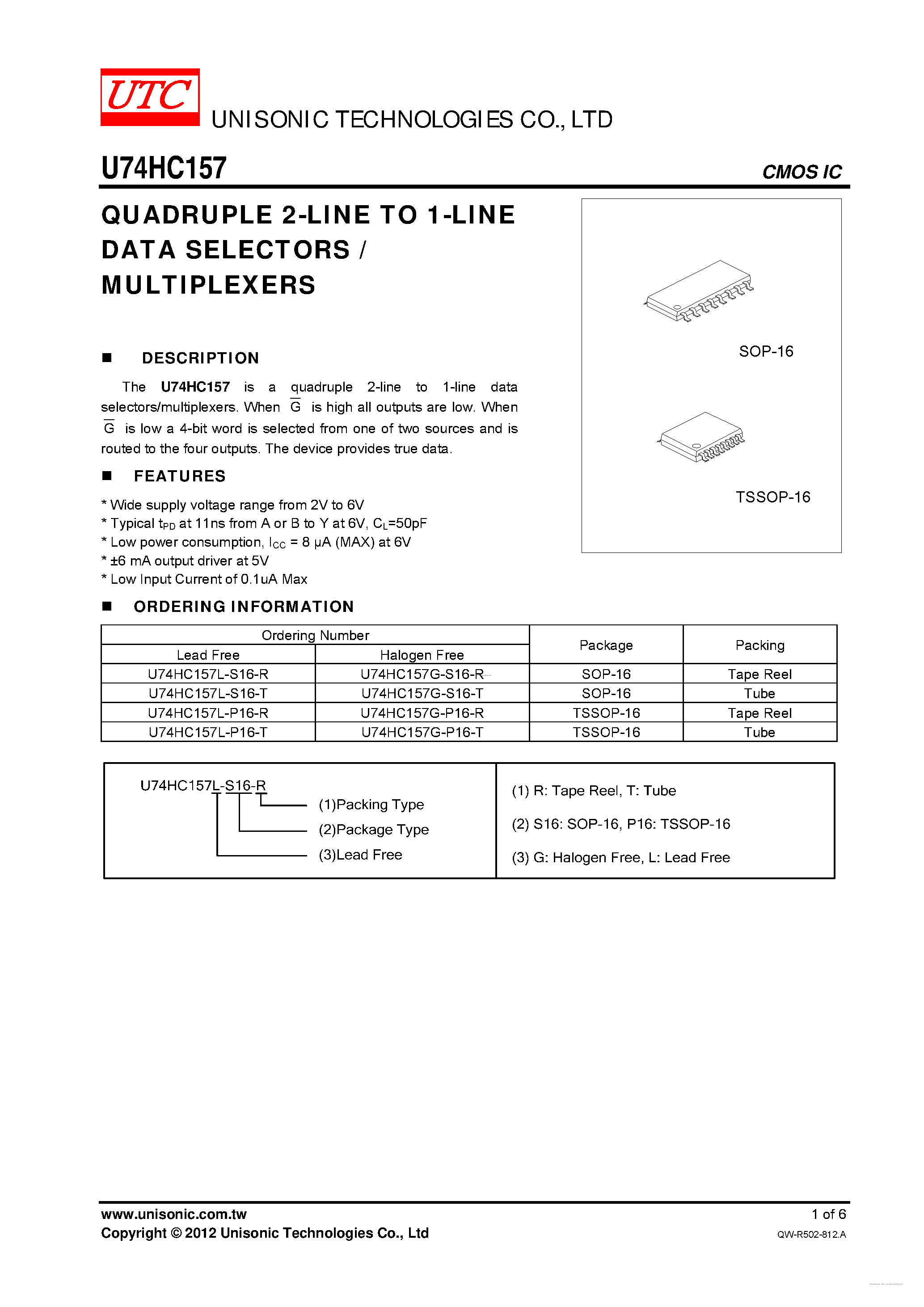 Datasheet U74HC157 - QUADRUPLE 2-LINE TO 1-LINE DATA SELECTORS / MULTIPLEXERS page 1