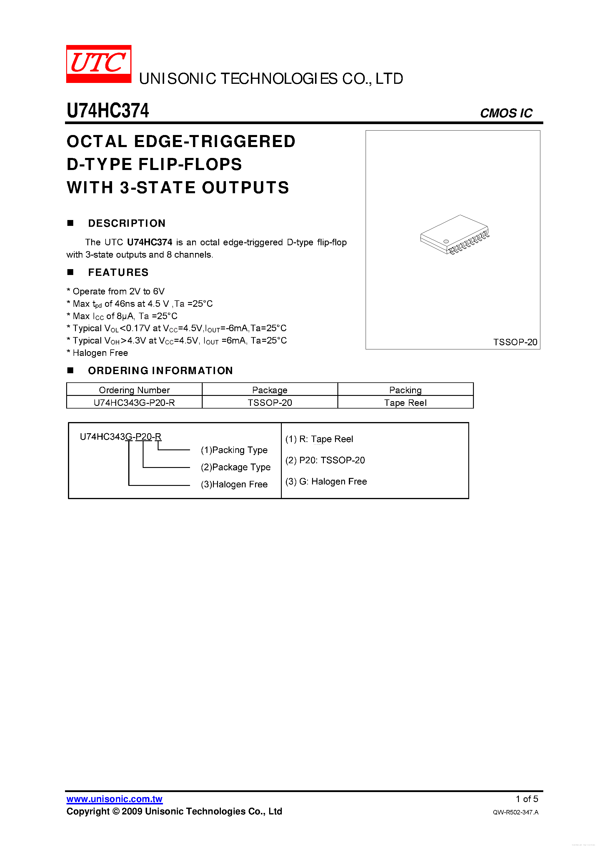 Datasheet U74HC374 - OCTAL EDGE-TRIGGERED D-TYPE FLIP-FLOPS page 1