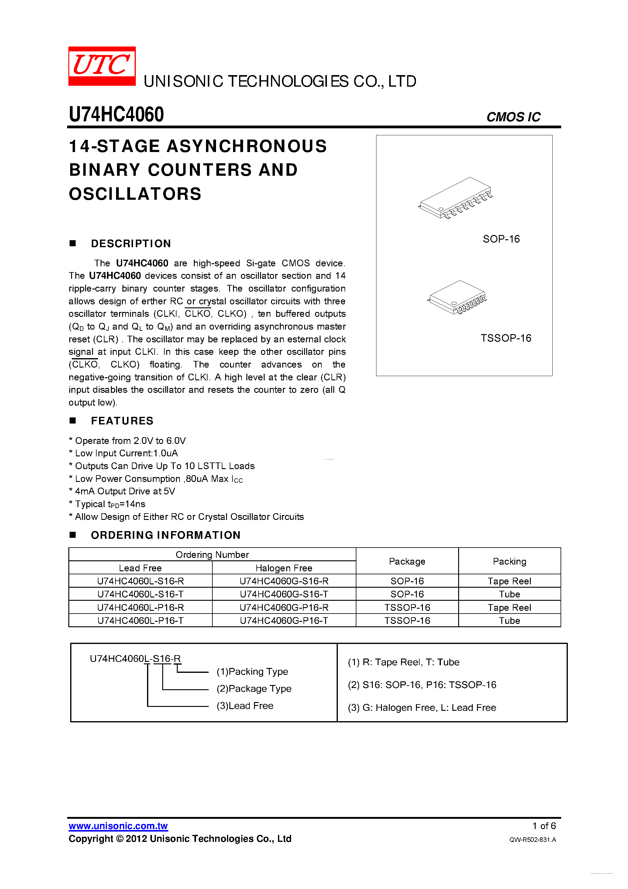 Datasheet U74HC4060 - 14-STAGE ASYNCHRONOUS BINARY COUNTERS AND OSCILLATORS page 1
