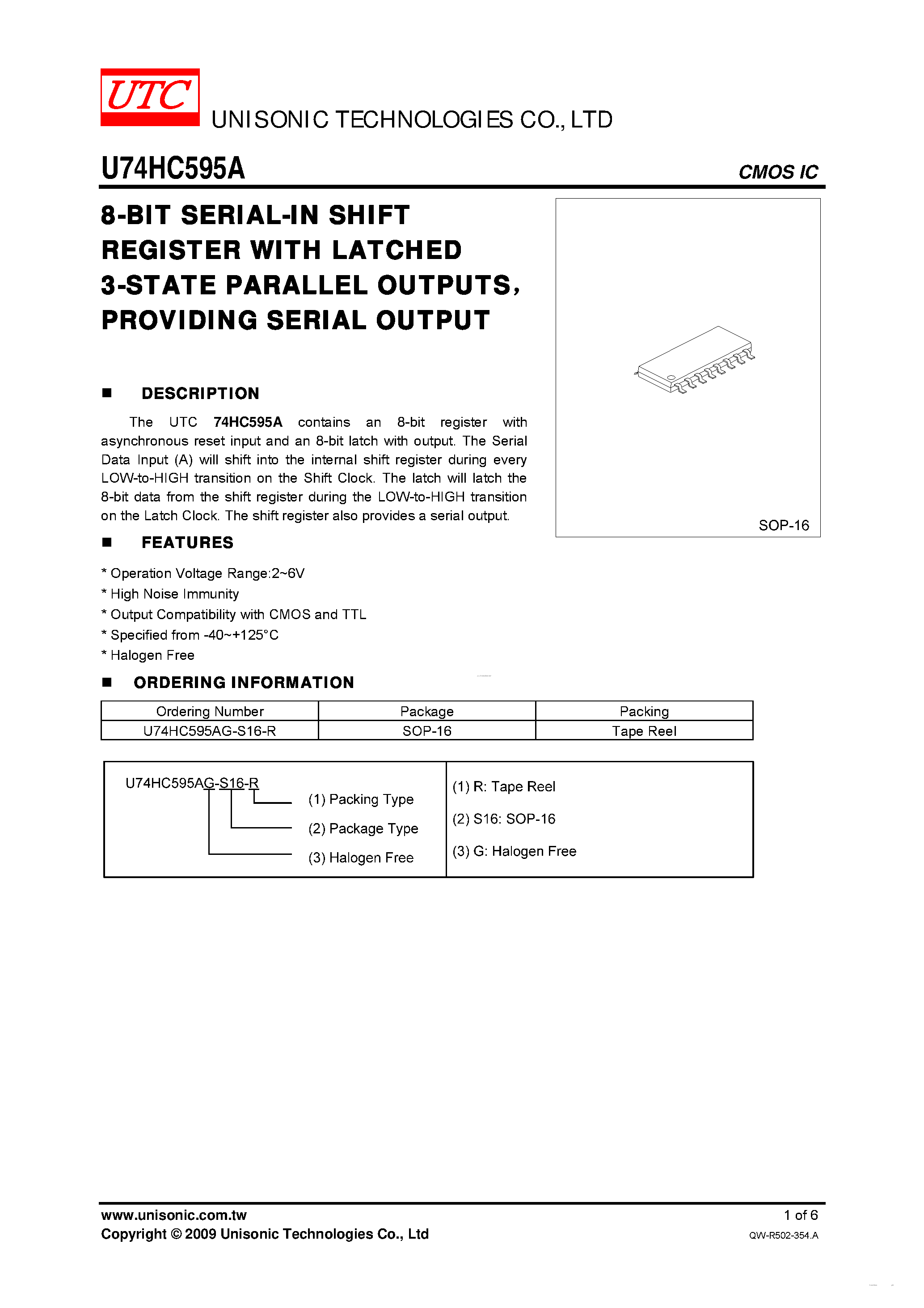 Даташит U74HC595A - 8-BIT SERIAL-IN SHIFT REGISTER страница 1