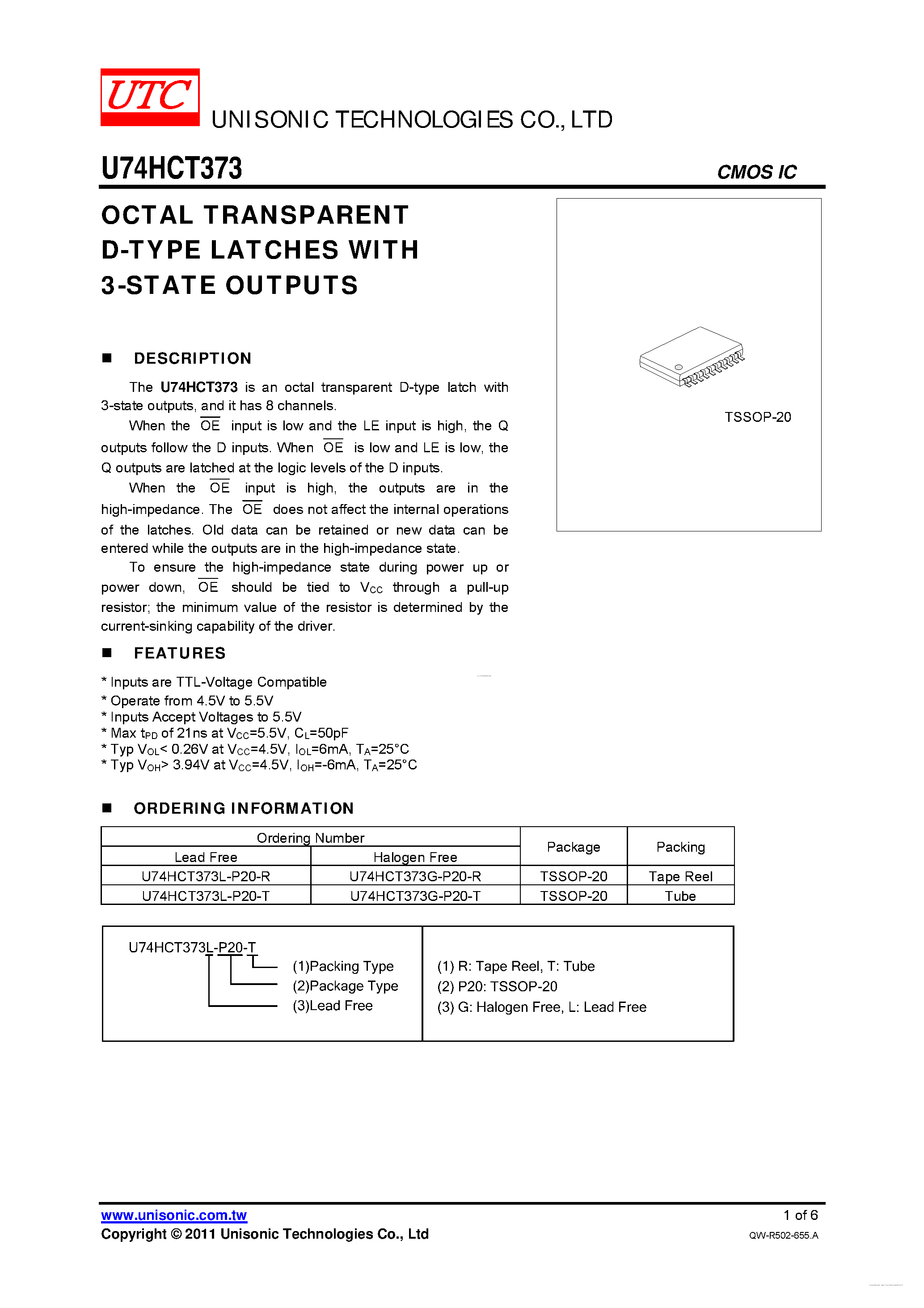 Datasheet U74HCT373 - OCTAL TRANSPARENT D-TYPE LATCHES page 1