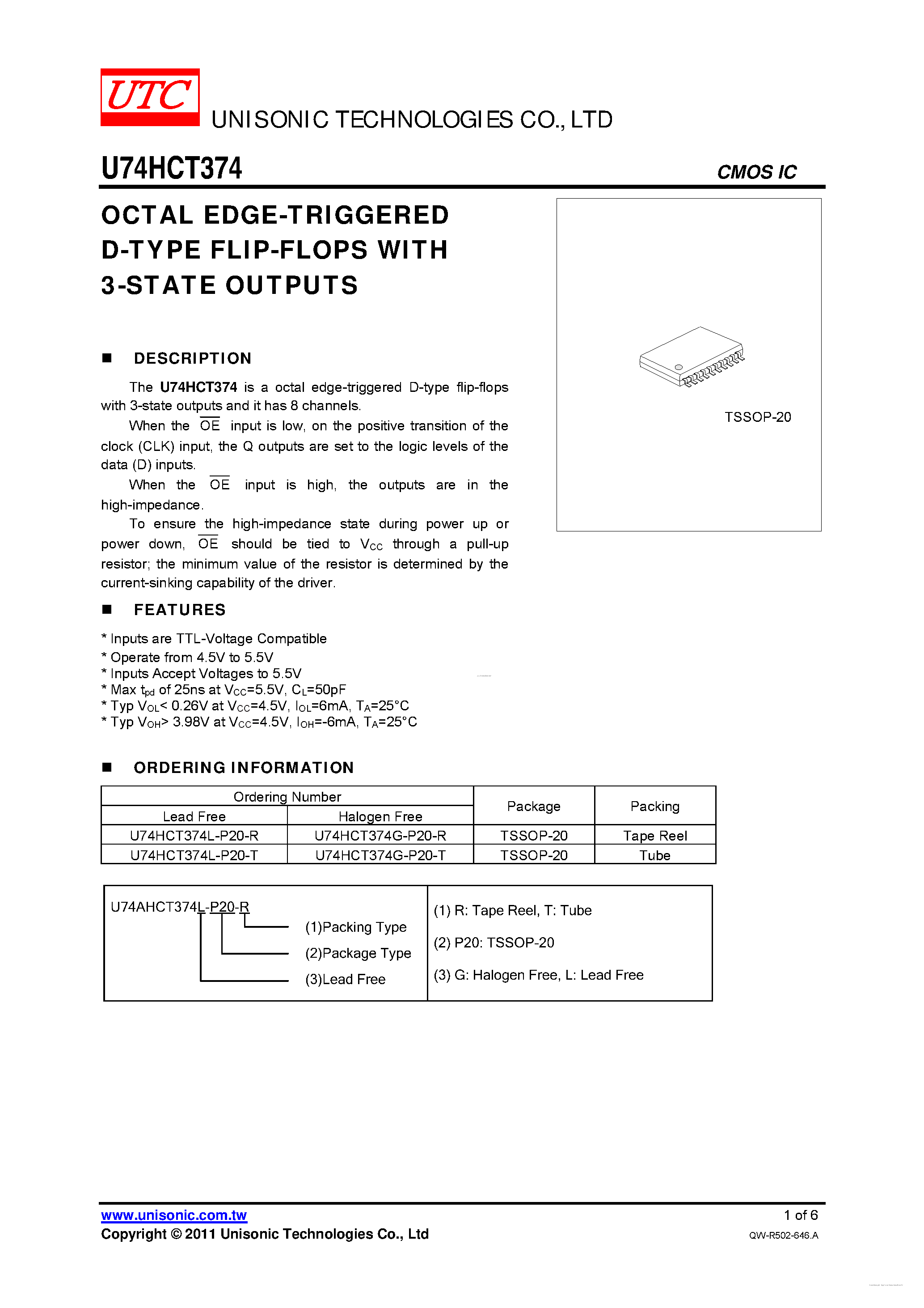 Datasheet U74HCT374 page 1 Datasheet U74HCT374 - OCTAL EDGE-TRIGGERED D-TYPE FLIP-FLOPS page 1