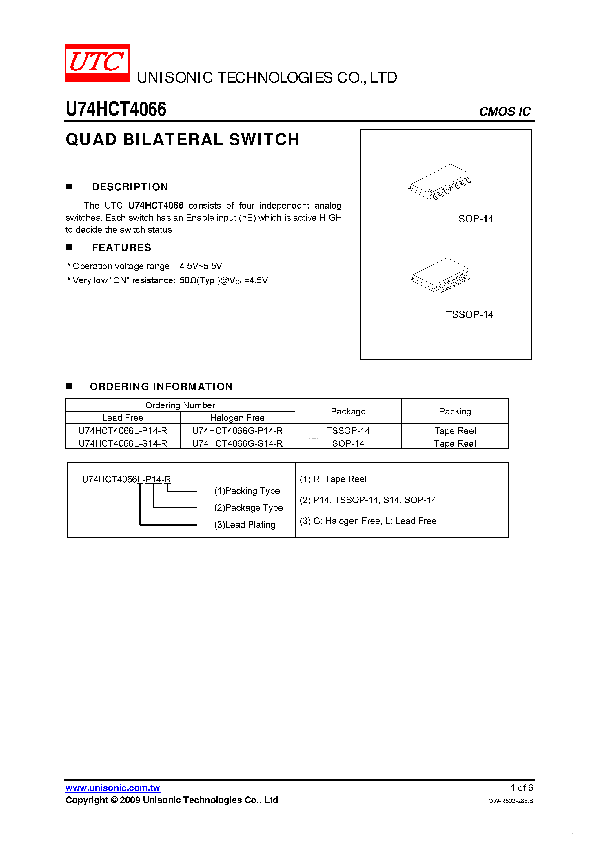 Datasheet U74HCT4066 page 1 Datasheet U74HCT4066 - QUAD BILATERAL SWITCH page 1