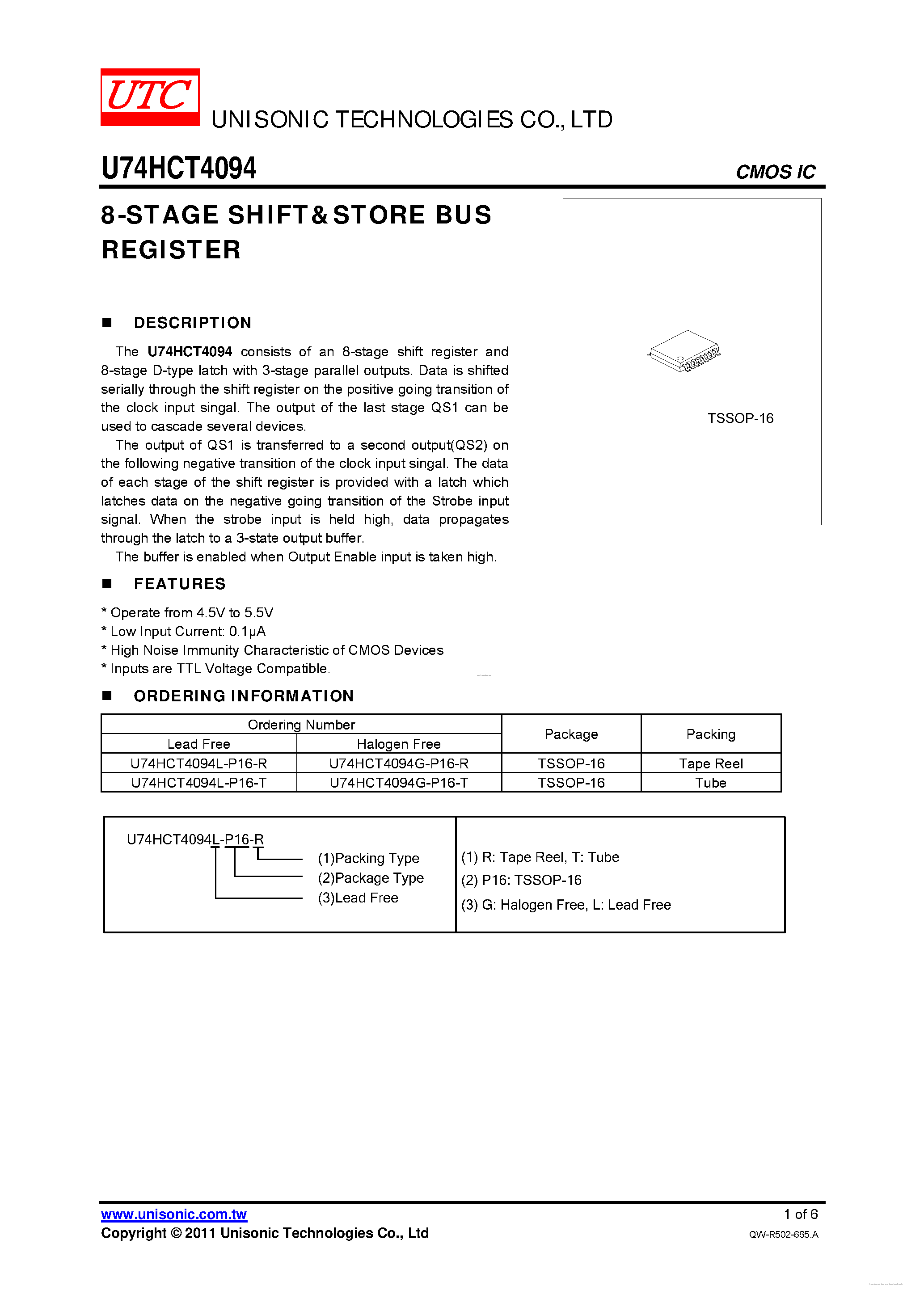 Даташит U74HCT4094 - 8-STAGE SHIFT&STORE BUS REGISTER страница 1