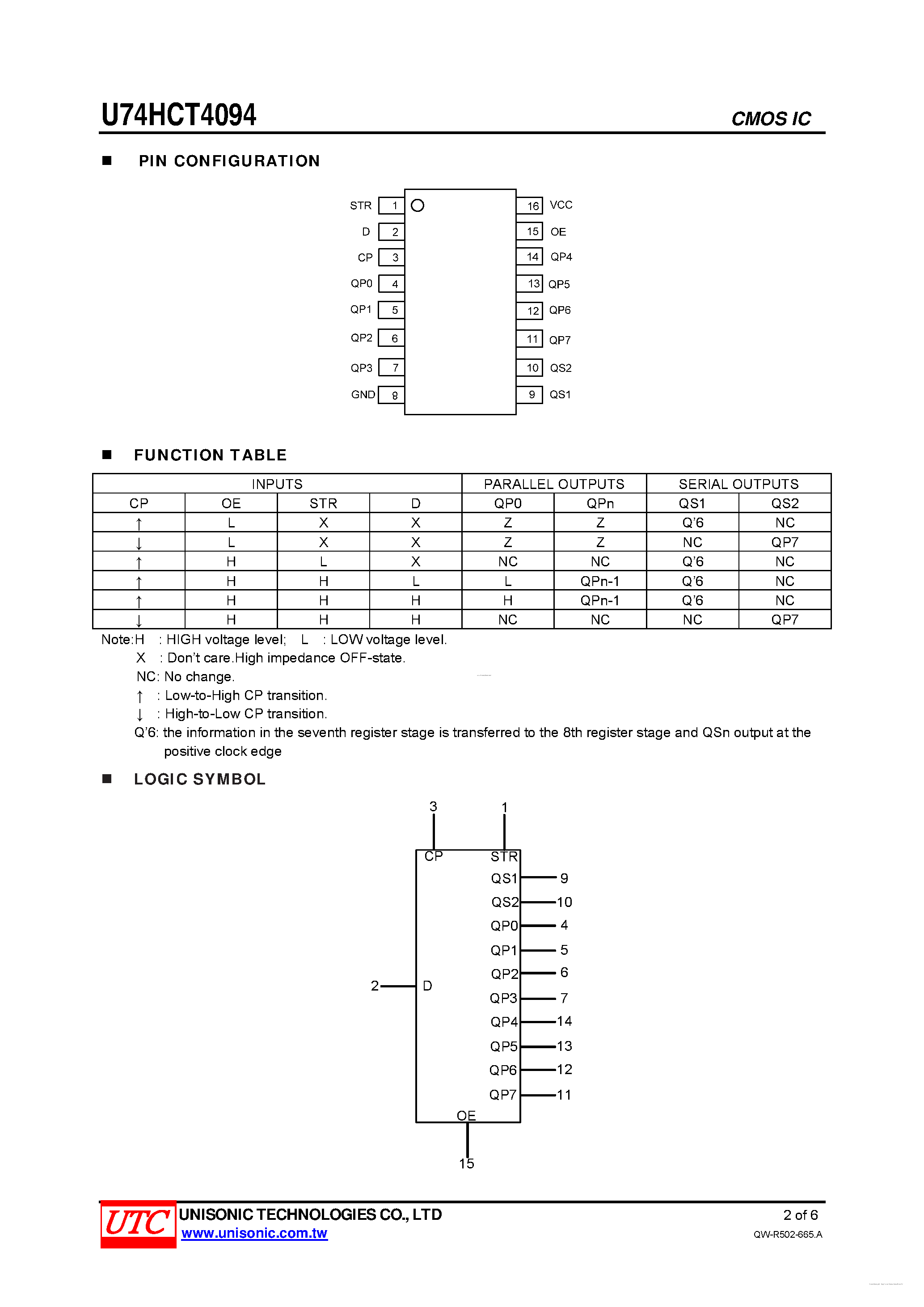 Даташит U74HCT4094 - 8-STAGE SHIFT&STORE BUS REGISTER страница 2