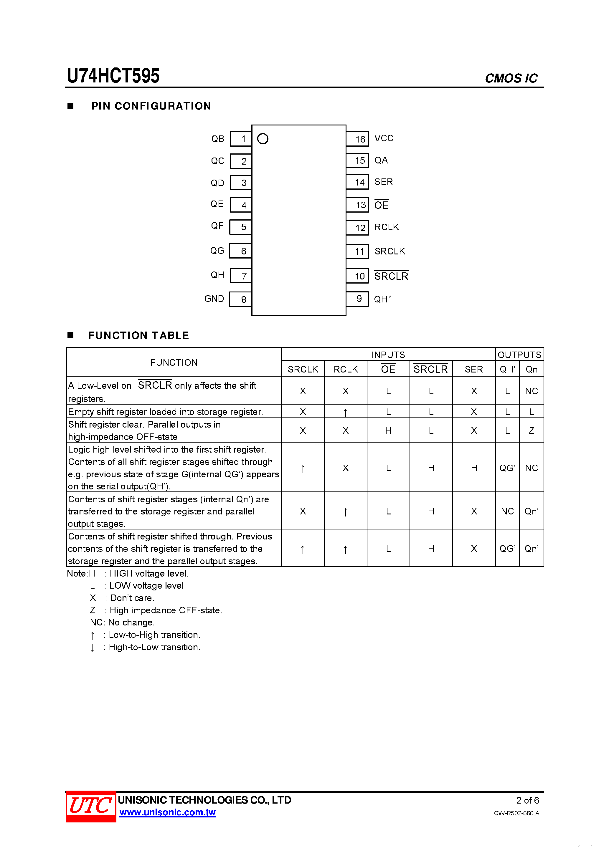 Даташит U74HCT595 - 8-BIT SHIFT REGISTERS страница 2