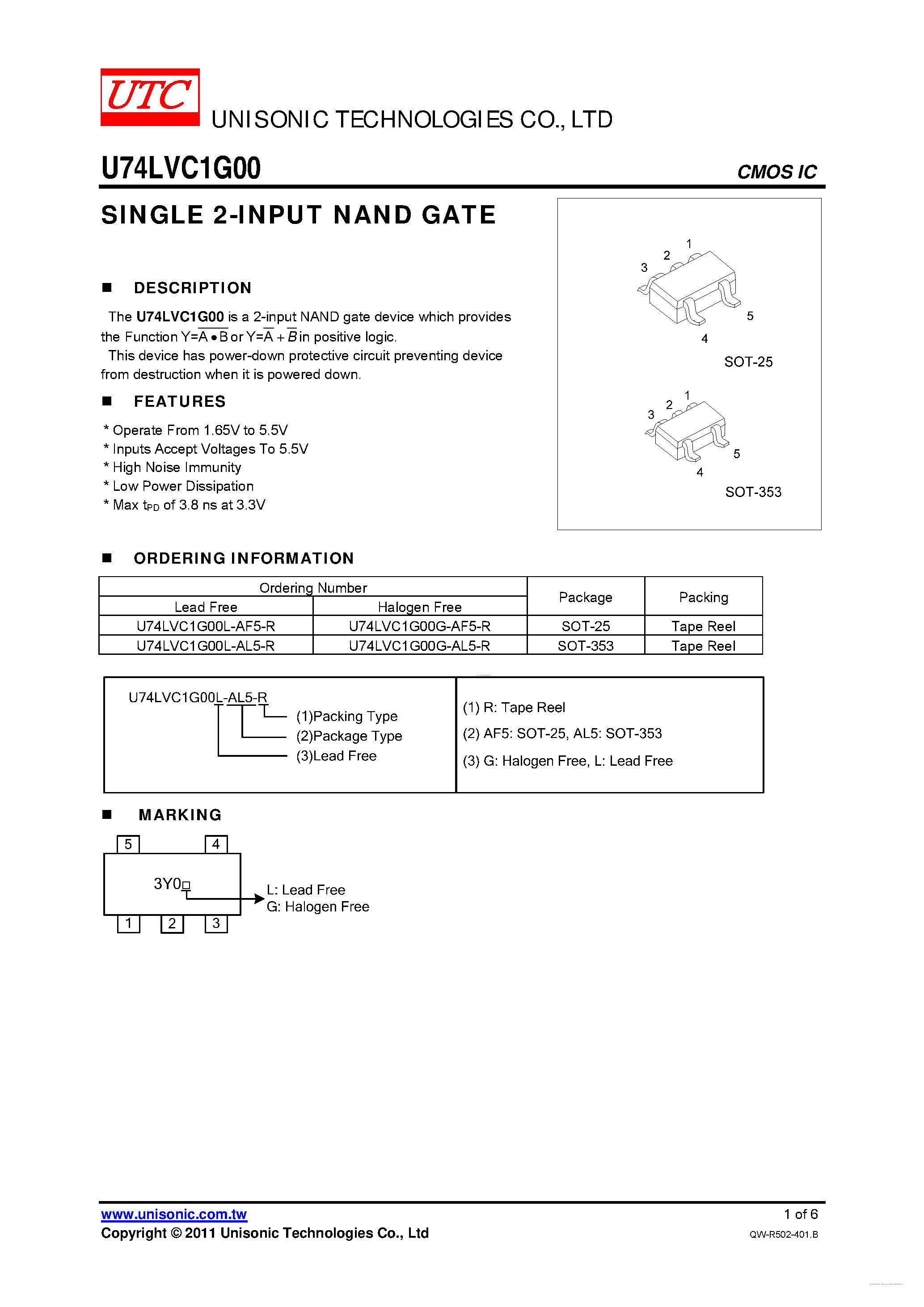 Datasheet U74LVC1G00 - SINGLE 2-INPUT NAND GATE page 1