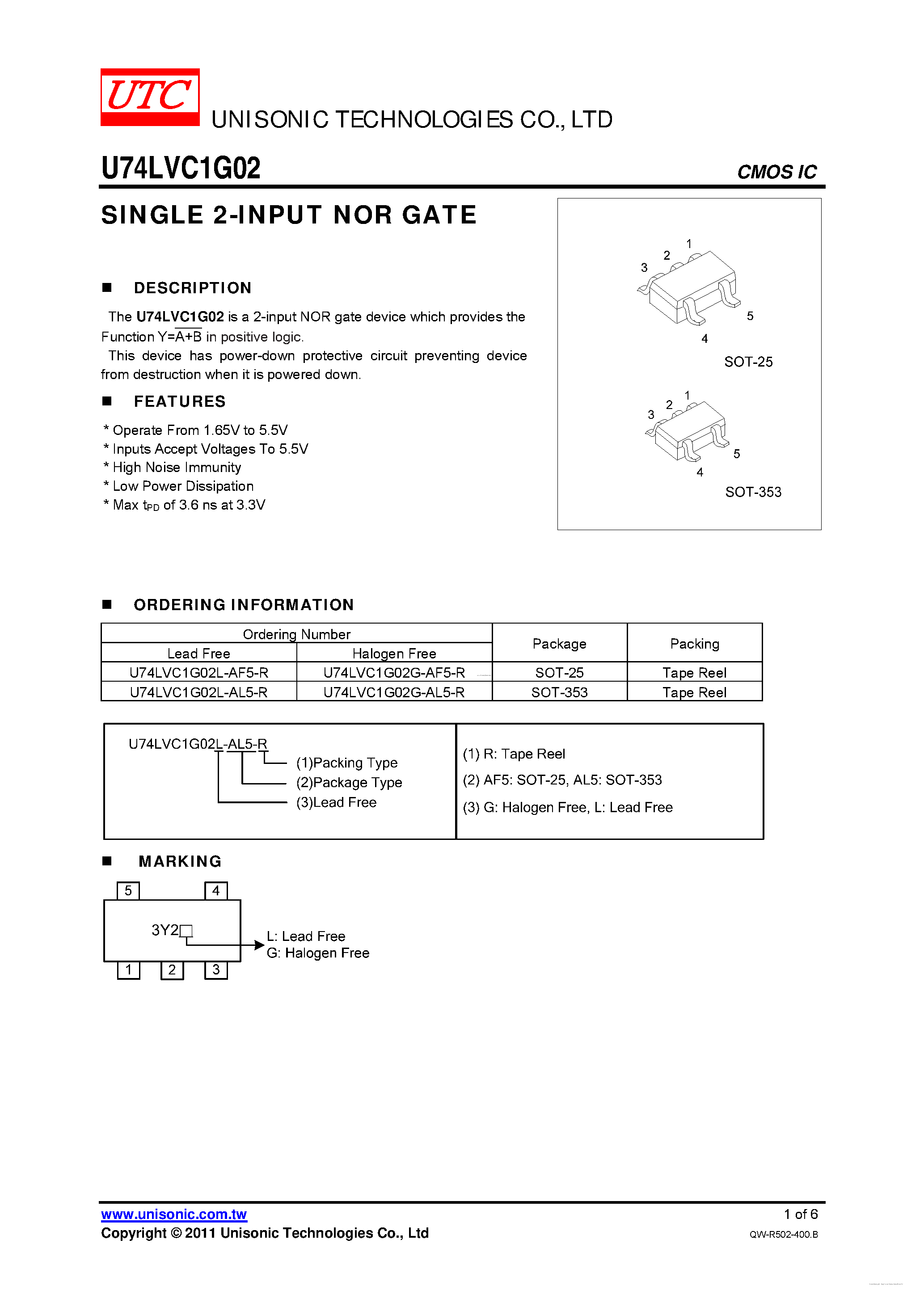 Datasheet U74LVC1G02 - SINGLE 2-INPUT NOR GATE page 1