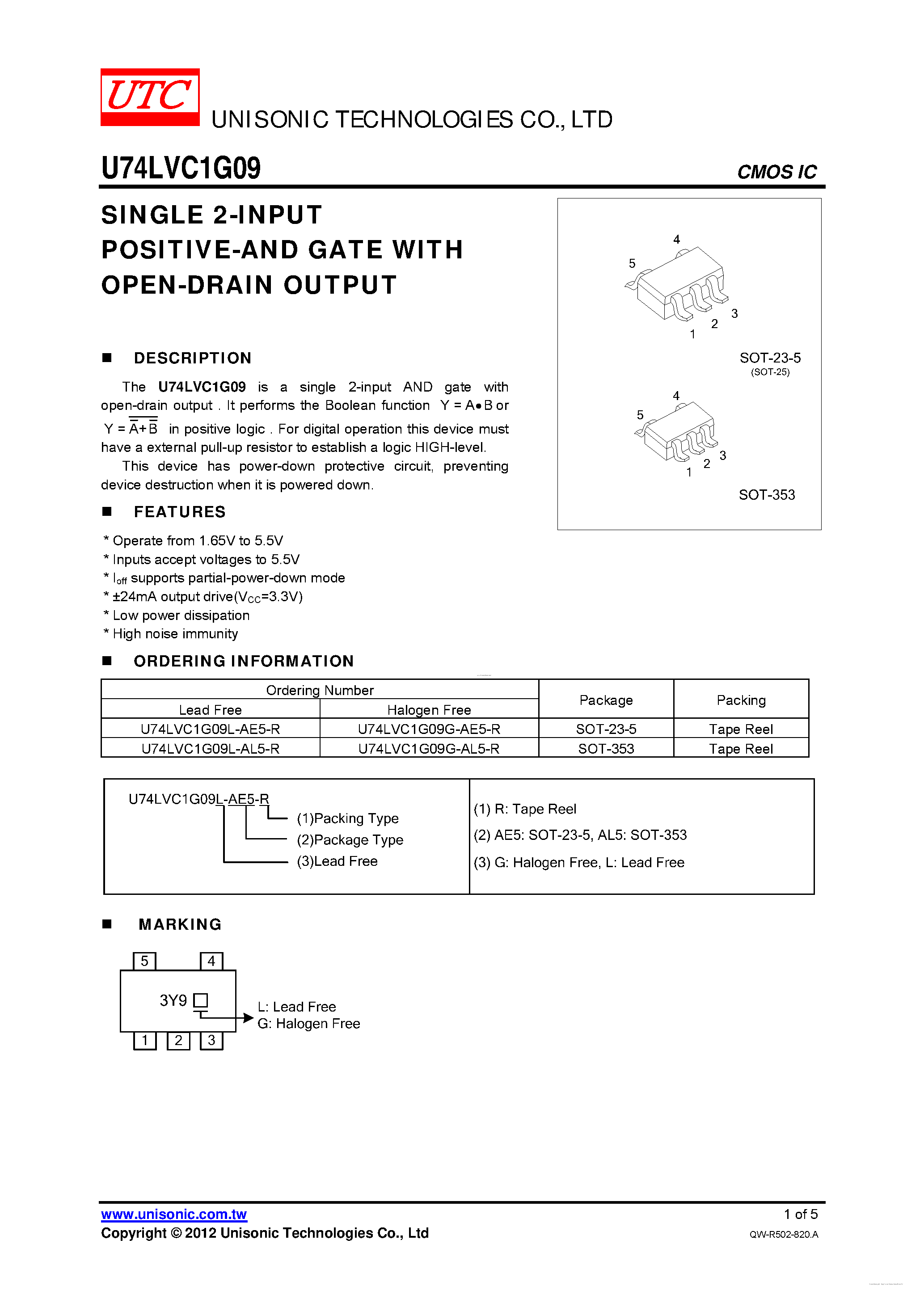 Datasheet U74LVC1G09 - SINGLE 2-INPUT POSITIVE-AND GATE page 1